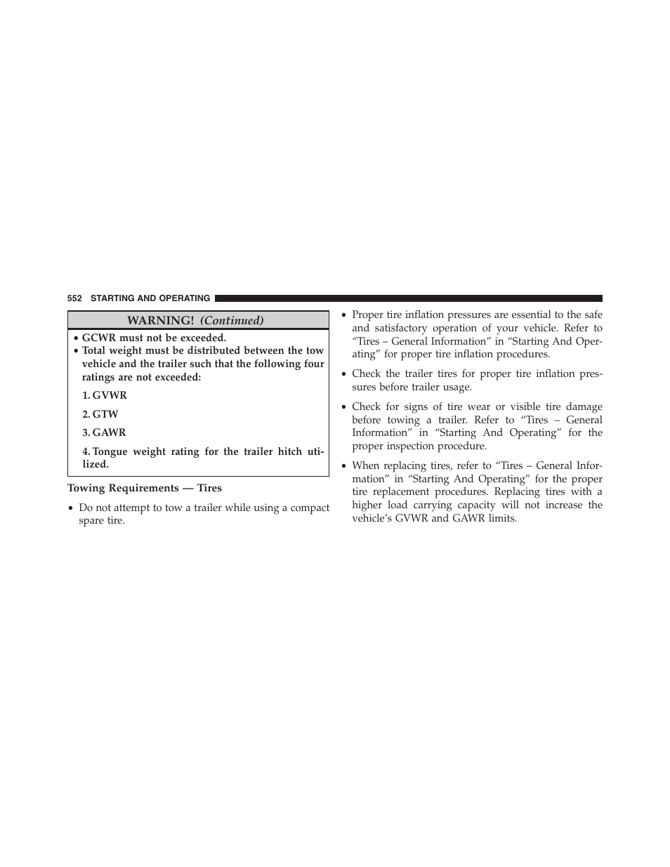 Towing requirements — tires | Dodge 2015 Grand_Caravan - Owner Manual User Manual | Page 554 / 703