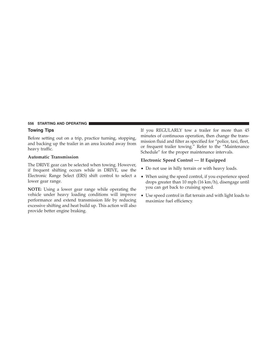 Towing tips, Automatic transmission, Electronic speed control — if equipped | Dodge 2015 Grand_Caravan - Owner Manual User Manual | Page 558 / 703