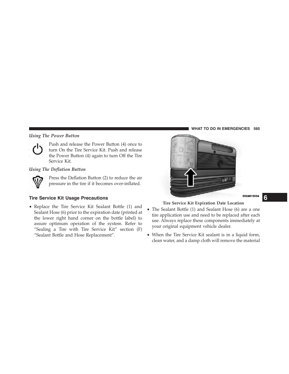 Tire service kit usage precautions | Dodge 2015 Grand_Caravan - Owner Manual User Manual | Page 567 / 703