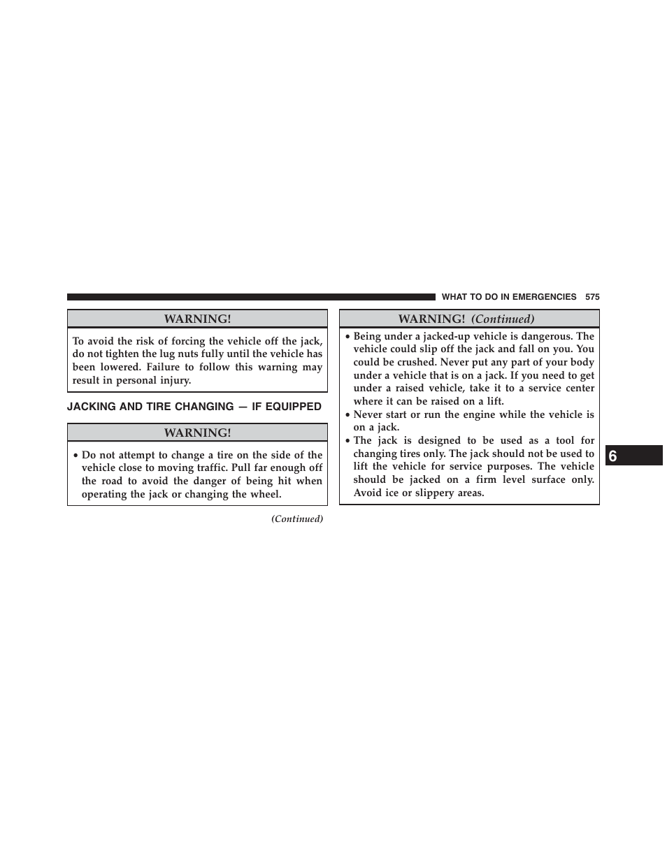 Jacking and tire changing — if equipped, Jacking and tire changing — if, Equipped | Dodge 2015 Grand_Caravan - Owner Manual User Manual | Page 577 / 703