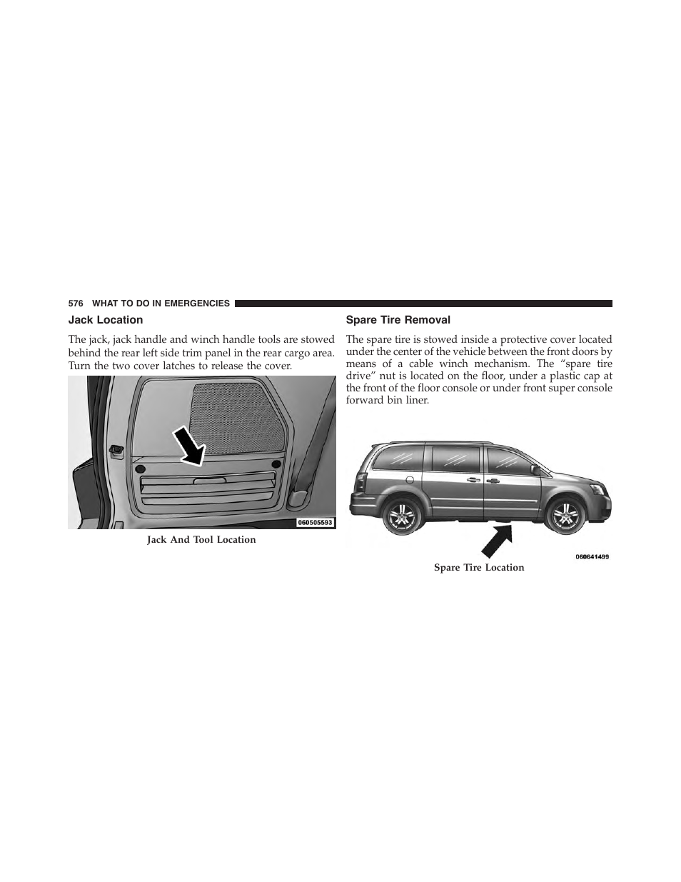 Jack location, Spare tire removal | Dodge 2015 Grand_Caravan - Owner Manual User Manual | Page 578 / 703