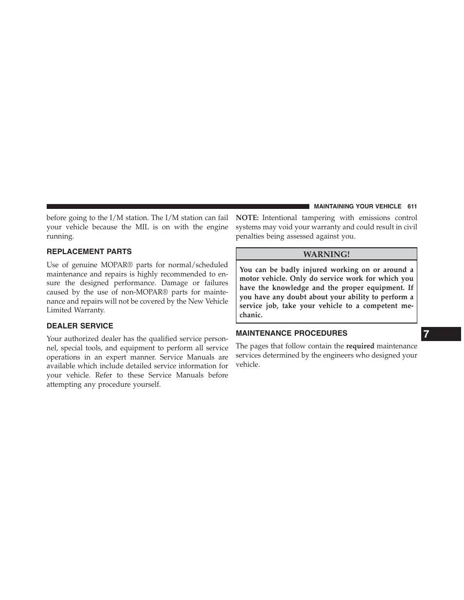 Replacement parts, Dealer service, Maintenance procedures | Dodge 2015 Grand_Caravan - Owner Manual User Manual | Page 613 / 703