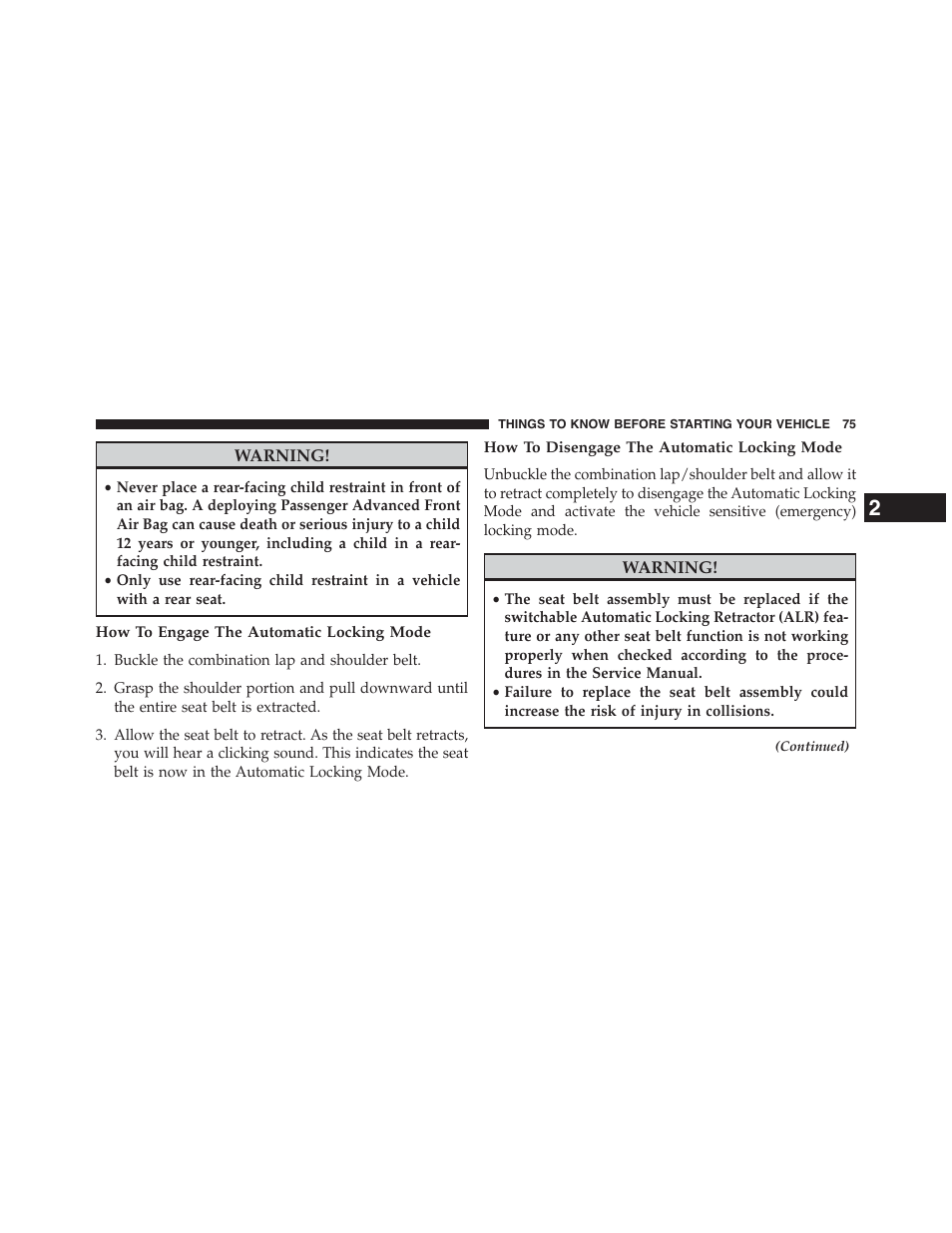 How to engage the automatic locking mode, How to disengage the automatic locking mode | Dodge 2015 Grand_Caravan - Owner Manual User Manual | Page 77 / 703