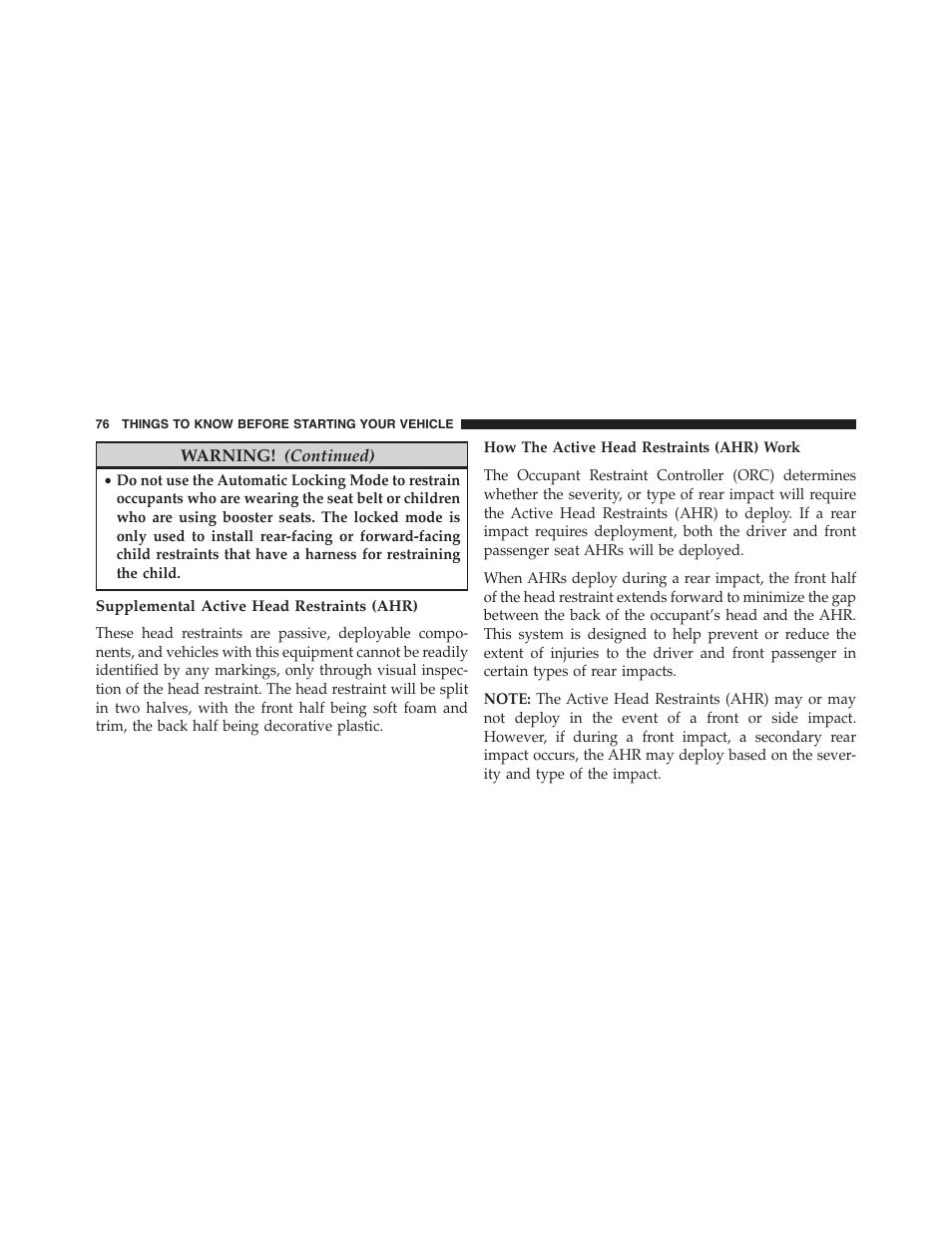 Supplemental active head restraints (ahr) | Dodge 2015 Grand_Caravan - Owner Manual User Manual | Page 78 / 703