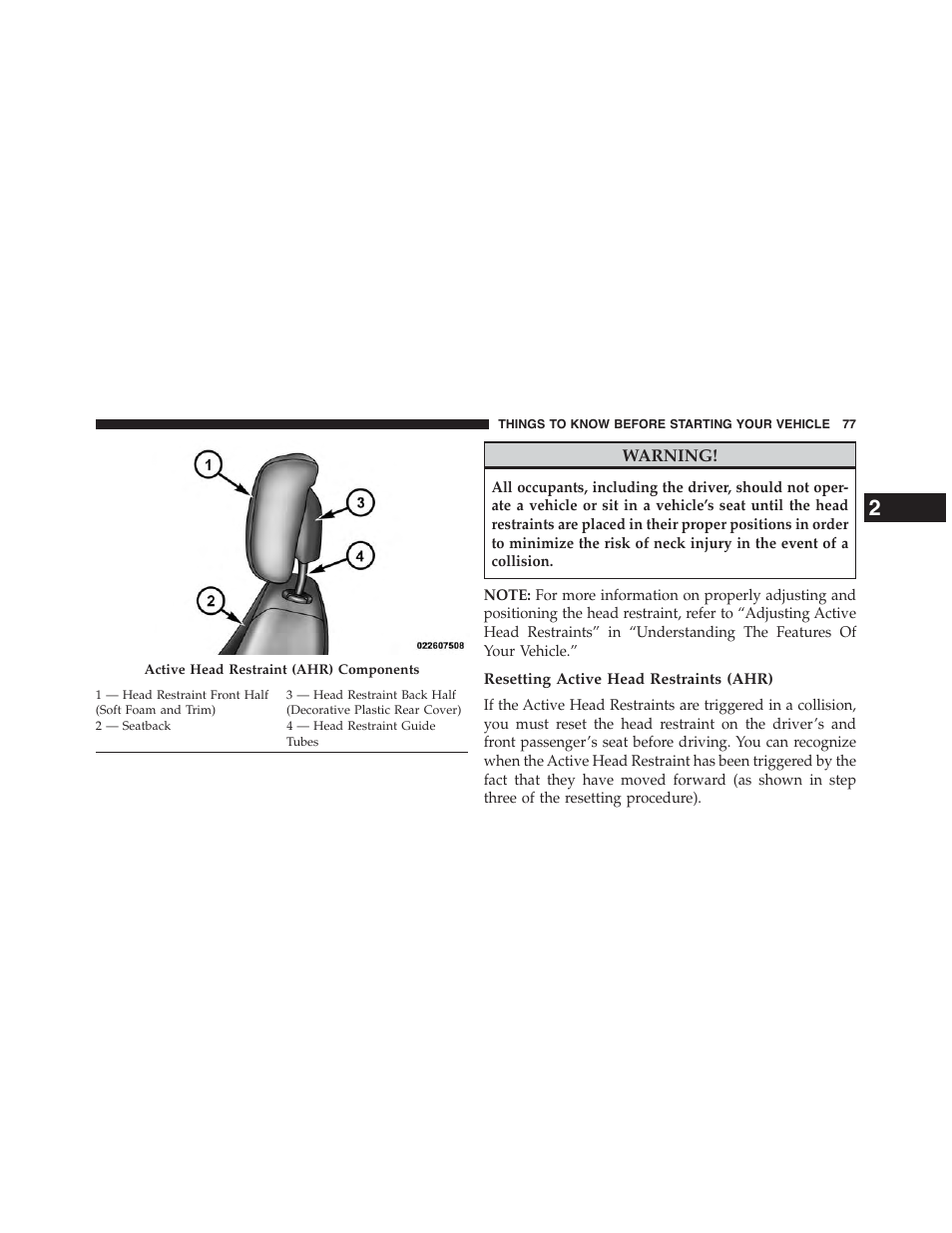 Resetting active head restraints (ahr) | Dodge 2015 Grand_Caravan - Owner Manual User Manual | Page 79 / 703
