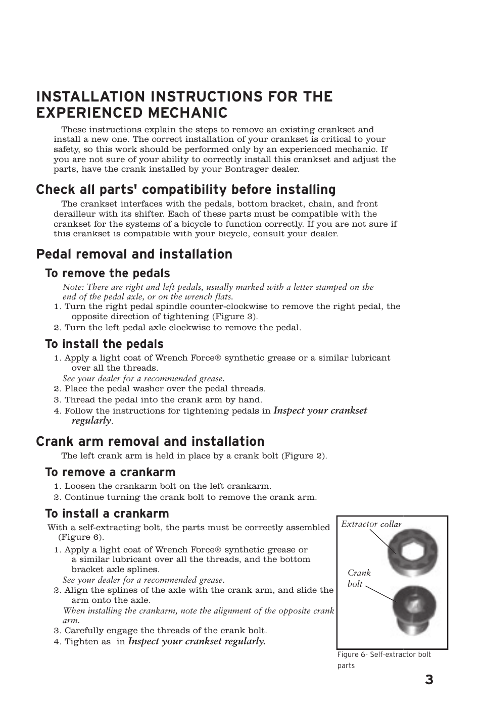 Check all parts' compatibility before installing, Pedal removal and installation, Crank arm removal and installation | Bontrager 253427 User Manual | Page 3 / 4