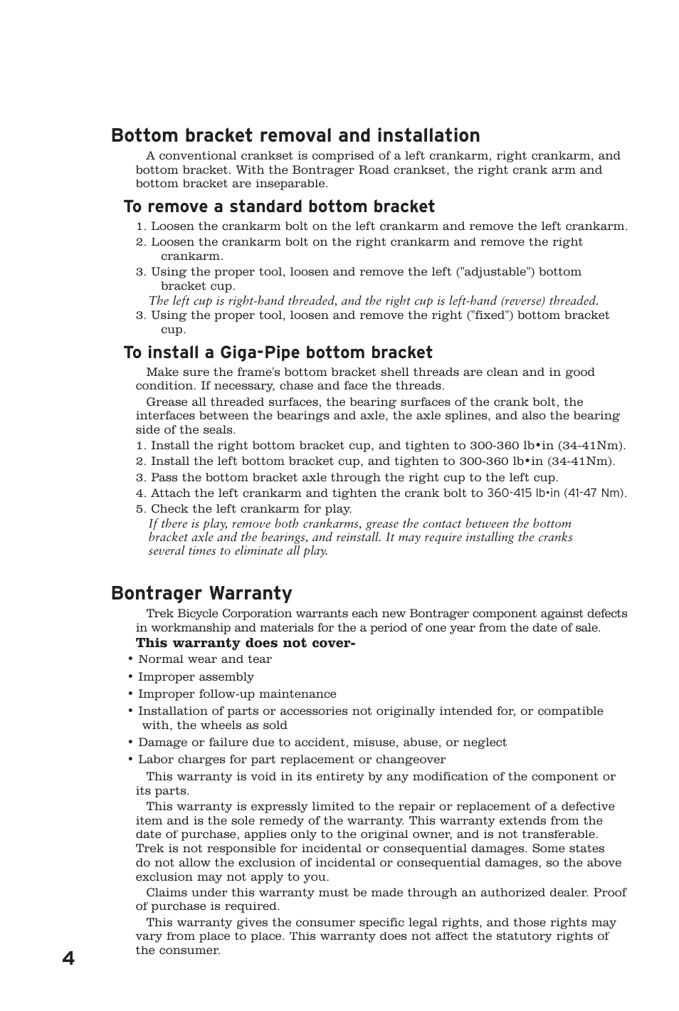 4bontrager warranty, Bottom bracket removal and installation | Bontrager 253427 User Manual | Page 4 / 4