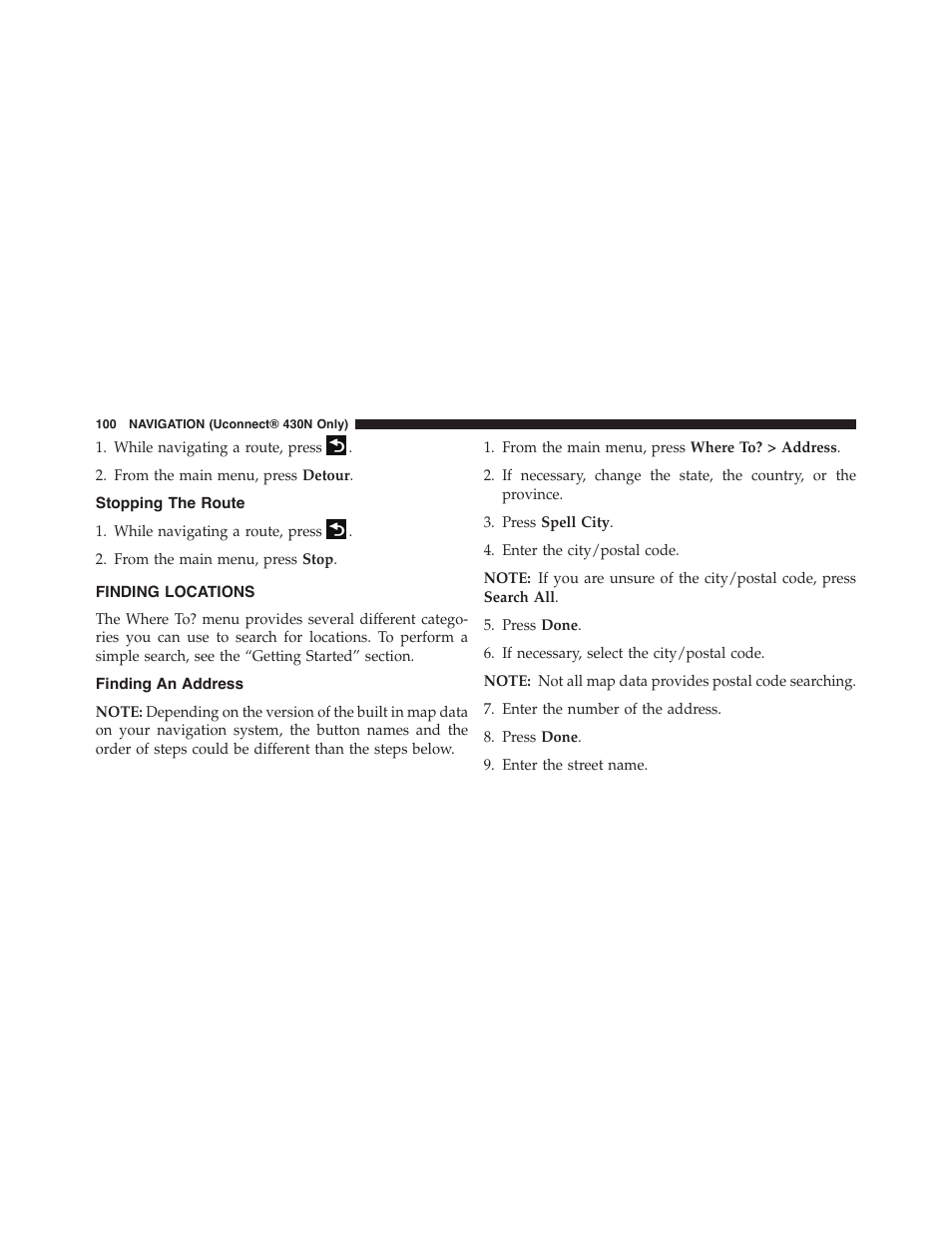 Stopping the route, Finding locations, Finding an address | Dodge 2015 Grand_Caravan - Uconnect 430/430N Manual User Manual | Page 101 / 146