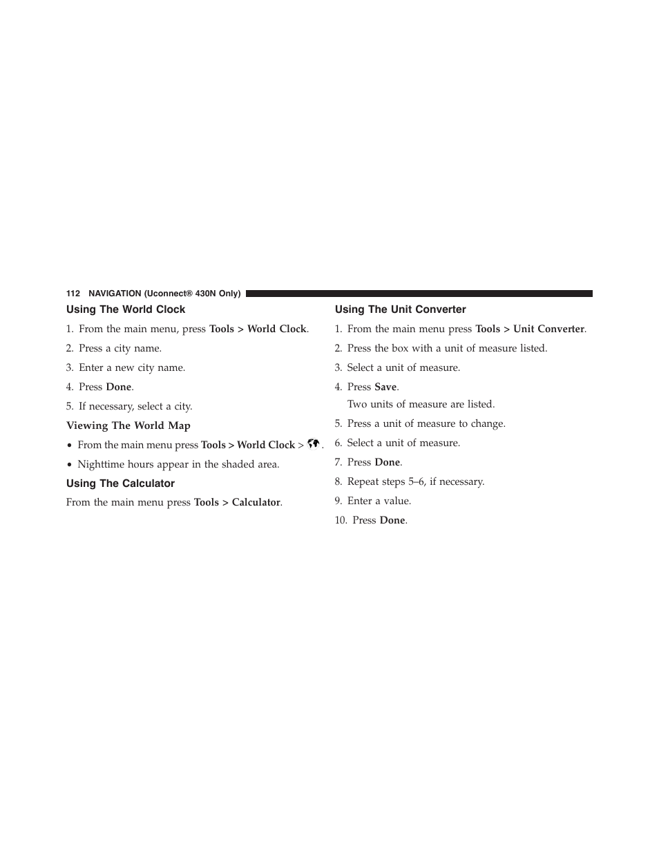 Using the world clock, Viewing the world map, Using the calculator | Using the unit converter | Dodge 2015 Grand_Caravan - Uconnect 430/430N Manual User Manual | Page 113 / 146