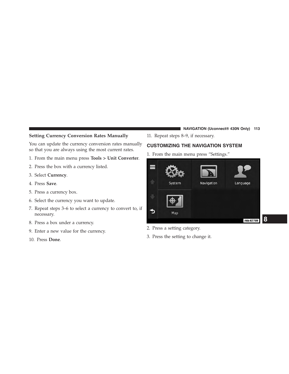 Setting currency conversion rates manually, Customizing the navigation system | Dodge 2015 Grand_Caravan - Uconnect 430/430N Manual User Manual | Page 114 / 146