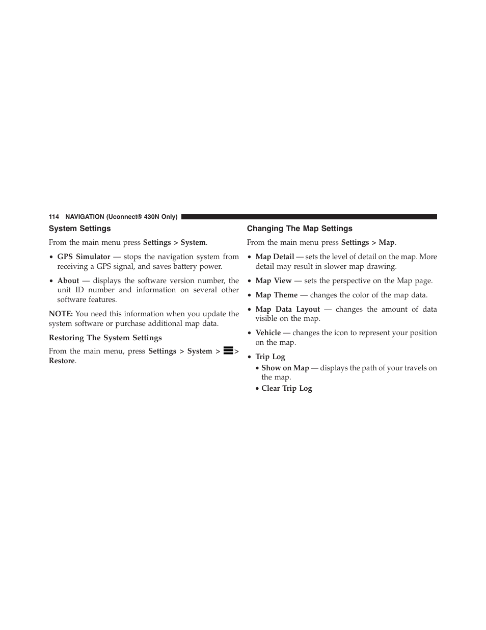 System settings, Restoring the system settings, Changing the map settings | Dodge 2015 Grand_Caravan - Uconnect 430/430N Manual User Manual | Page 115 / 146