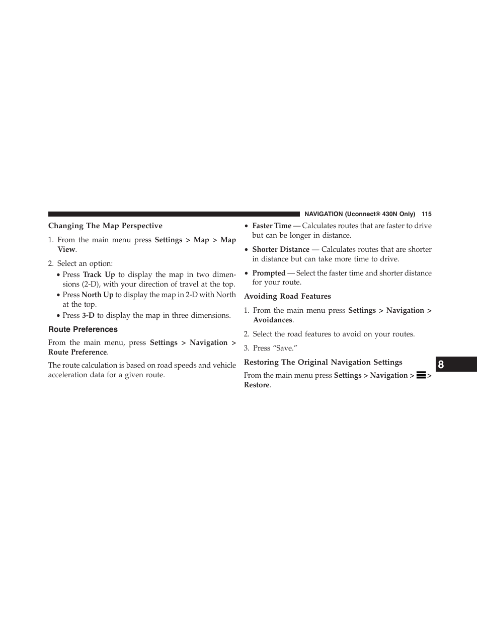 Changing the map perspective, Route preferences, Avoiding road features | Restoring the original navigation settings | Dodge 2015 Grand_Caravan - Uconnect 430/430N Manual User Manual | Page 116 / 146