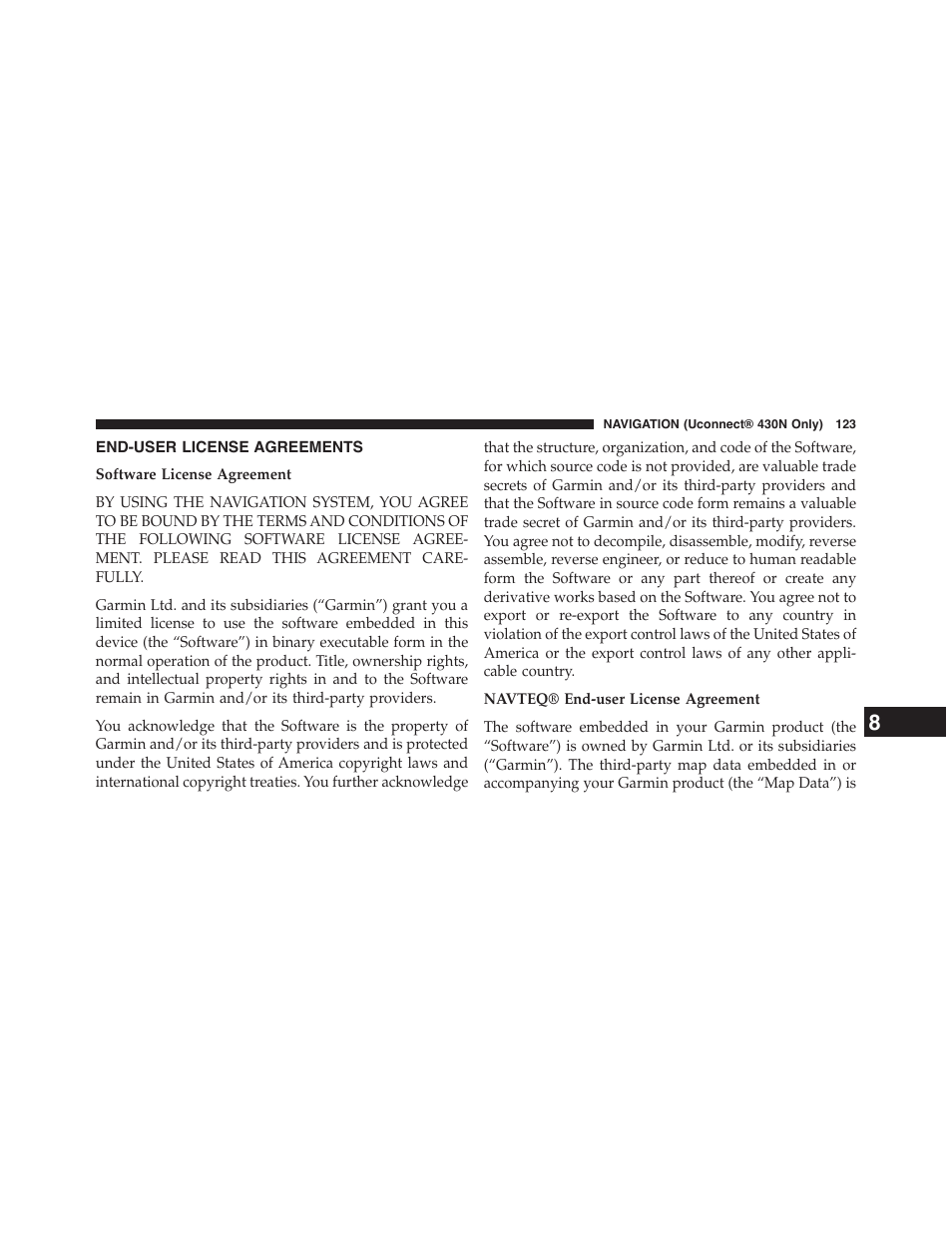 End-user license agreements | Dodge 2015 Grand_Caravan - Uconnect 430/430N Manual User Manual | Page 124 / 146