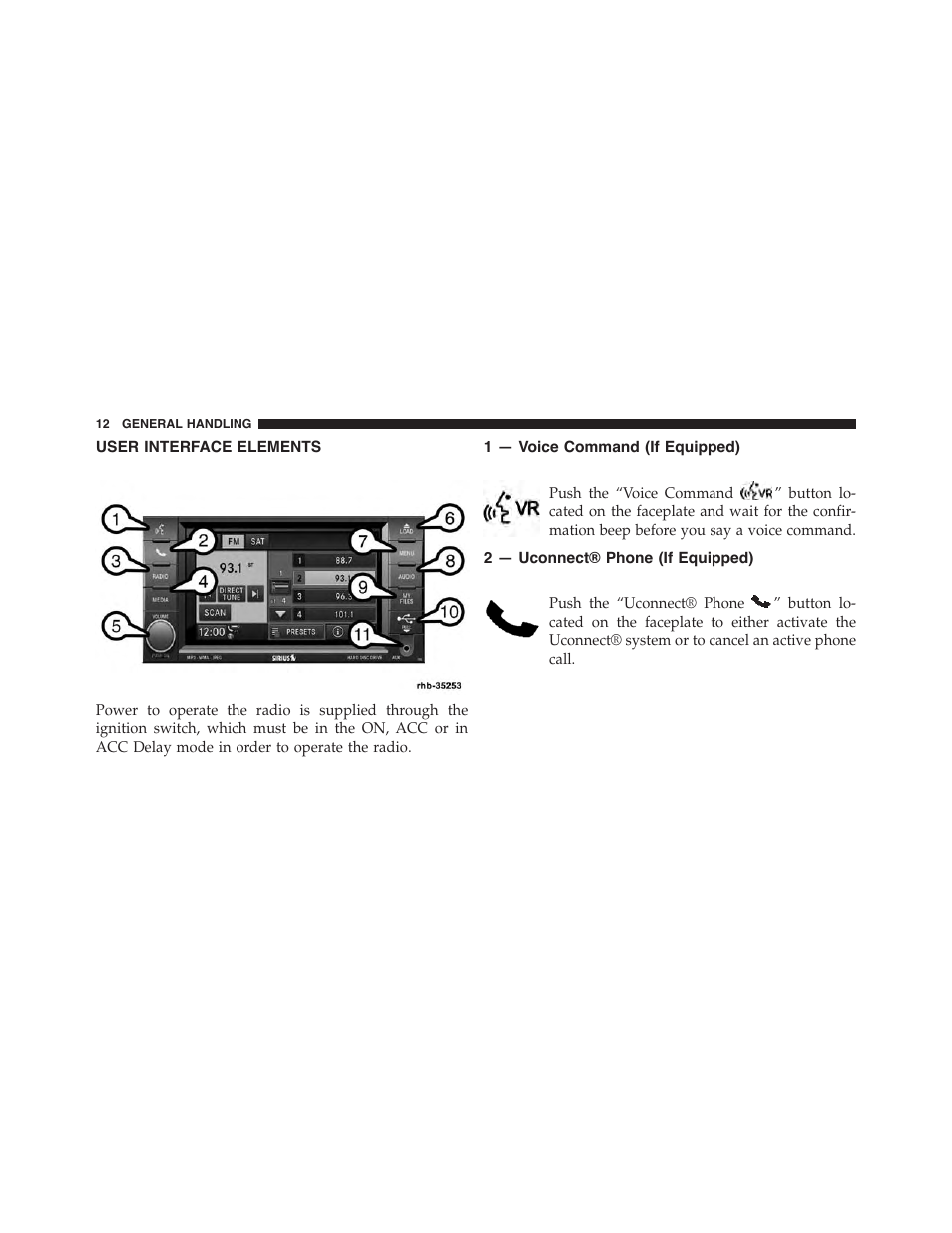 User interface elements, 1 — voice command (if equipped), 2 — uconnect® phone (if equipped) | Dodge 2015 Grand_Caravan - Uconnect 430/430N Manual User Manual | Page 13 / 146