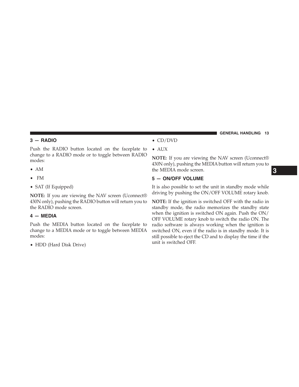 3 — radio, 4 — media, 5 — on/off volume | Dodge 2015 Grand_Caravan - Uconnect 430/430N Manual User Manual | Page 14 / 146