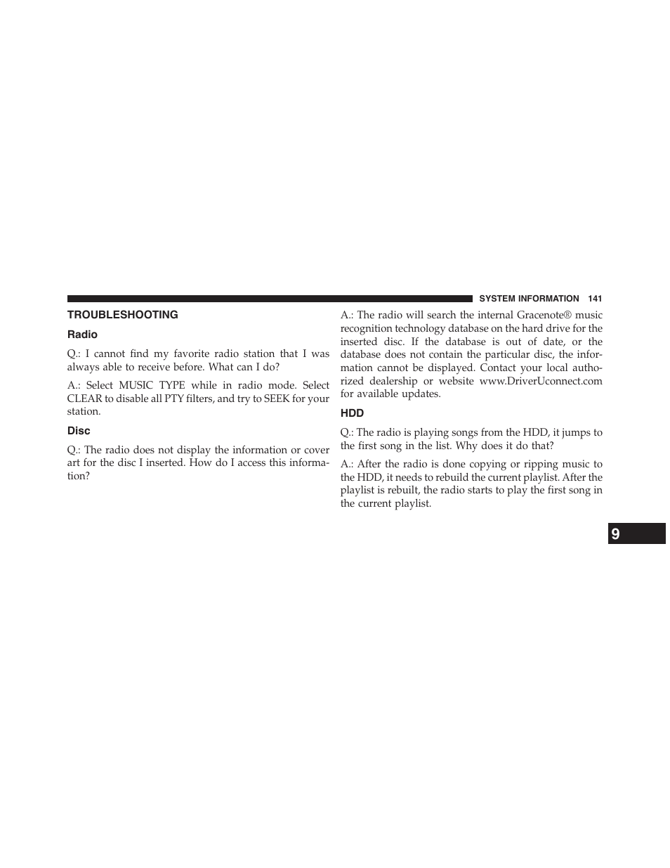 Troubleshooting, Radio, Disc | Dodge 2015 Grand_Caravan - Uconnect 430/430N Manual User Manual | Page 142 / 146