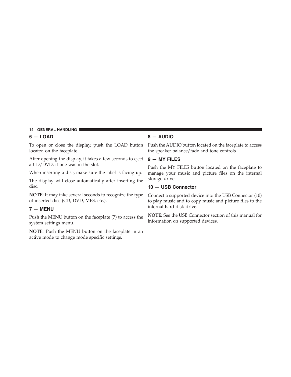 6 — load, 7 — menu, 8 — audio | 9 — my files, 10 — usb connector | Dodge 2015 Grand_Caravan - Uconnect 430/430N Manual User Manual | Page 15 / 146