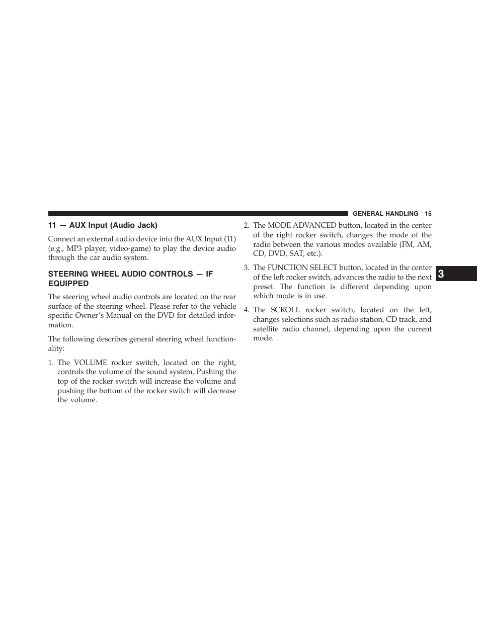 11 — aux input (audio jack), Steering wheel audio controls — if equipped, Steering wheel audio controls — if | Equipped | Dodge 2015 Grand_Caravan - Uconnect 430/430N Manual User Manual | Page 16 / 146