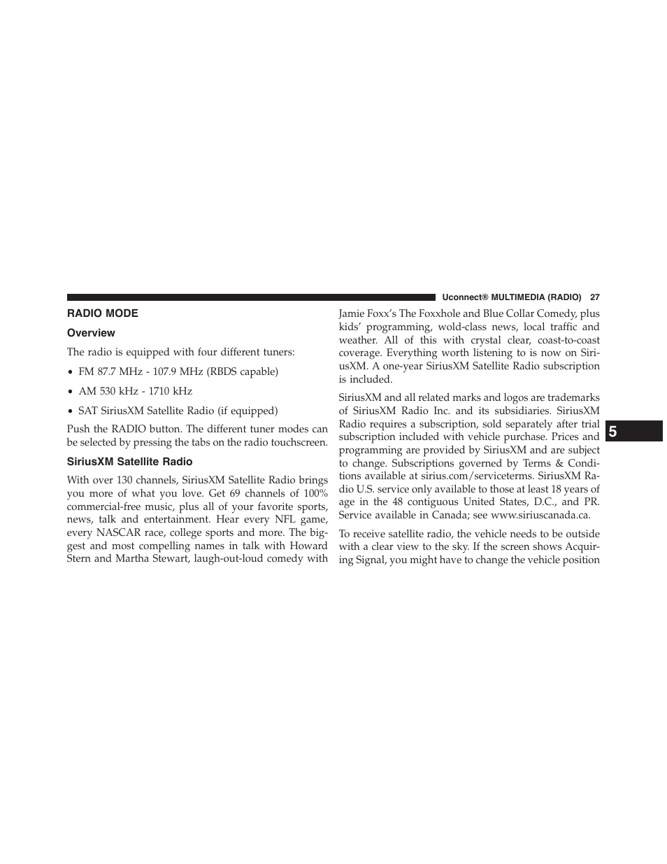 Radio mode, Overview, Siriusxm satellite radio | Dodge 2015 Grand_Caravan - Uconnect 430/430N Manual User Manual | Page 28 / 146