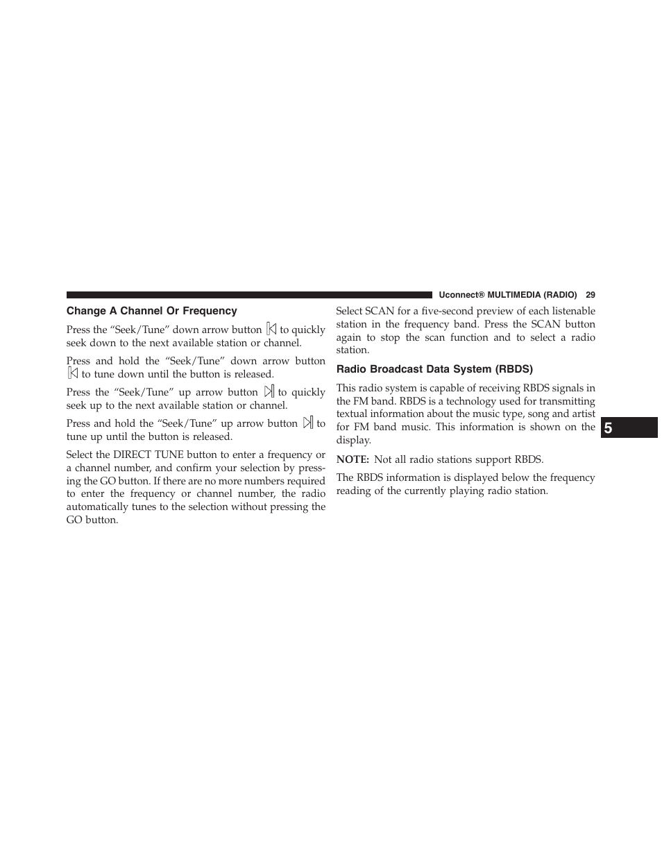 Change a channel or frequency, Radio broadcast data system (rbds) | Dodge 2015 Grand_Caravan - Uconnect 430/430N Manual User Manual | Page 30 / 146