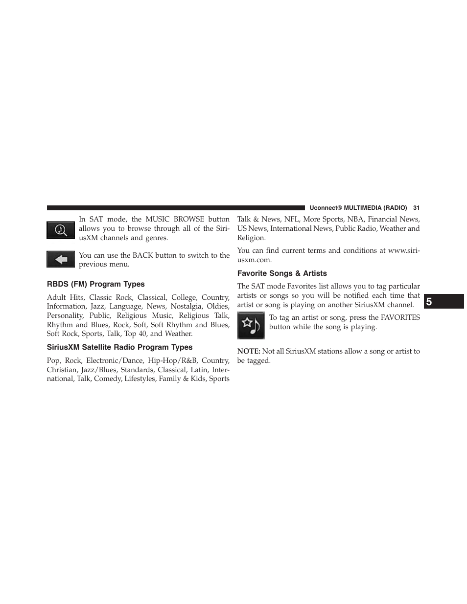 Rbds (fm) program types, Siriusxm satellite radio program types, Favorite songs & artists | Dodge 2015 Grand_Caravan - Uconnect 430/430N Manual User Manual | Page 32 / 146