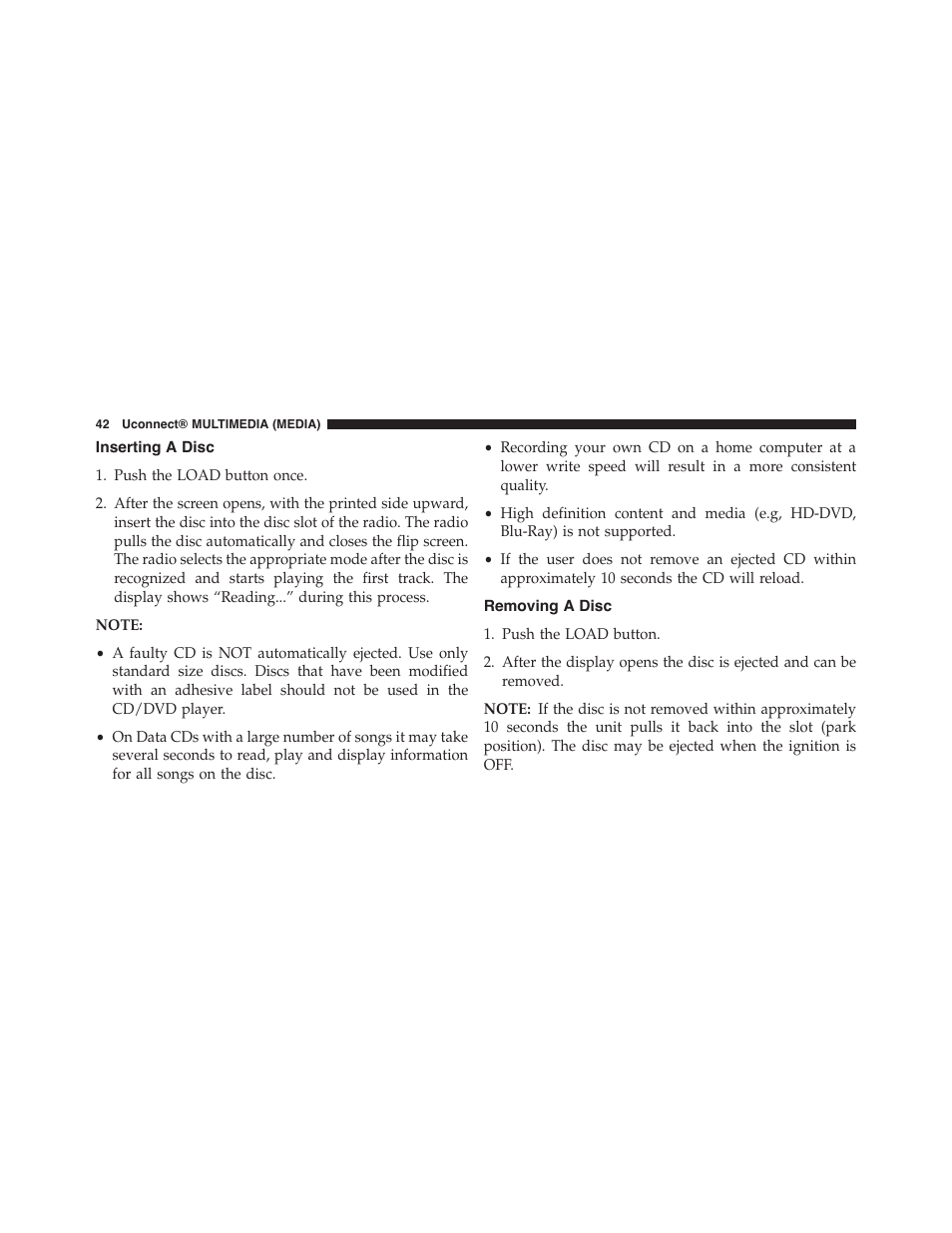 Inserting a disc, Removing a disc | Dodge 2015 Grand_Caravan - Uconnect 430/430N Manual User Manual | Page 43 / 146