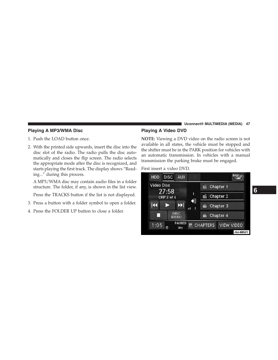 Playing a mp3/wma disc, Playing a video dvd | Dodge 2015 Grand_Caravan - Uconnect 430/430N Manual User Manual | Page 48 / 146