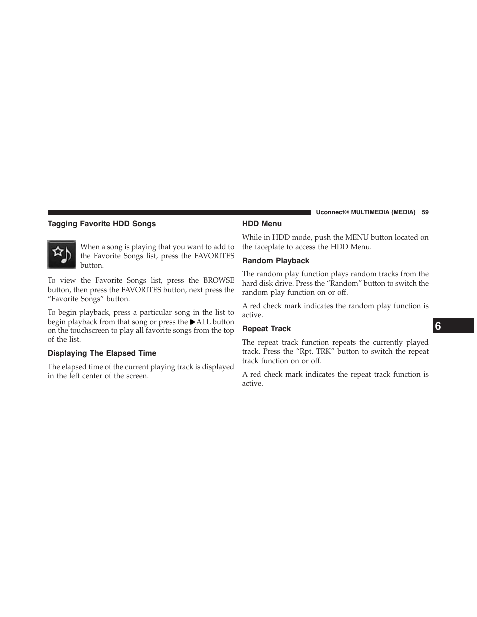 Tagging favorite hdd songs, Displaying the elapsed time, Hdd menu | Random playback, Repeat track | Dodge 2015 Grand_Caravan - Uconnect 430/430N Manual User Manual | Page 60 / 146