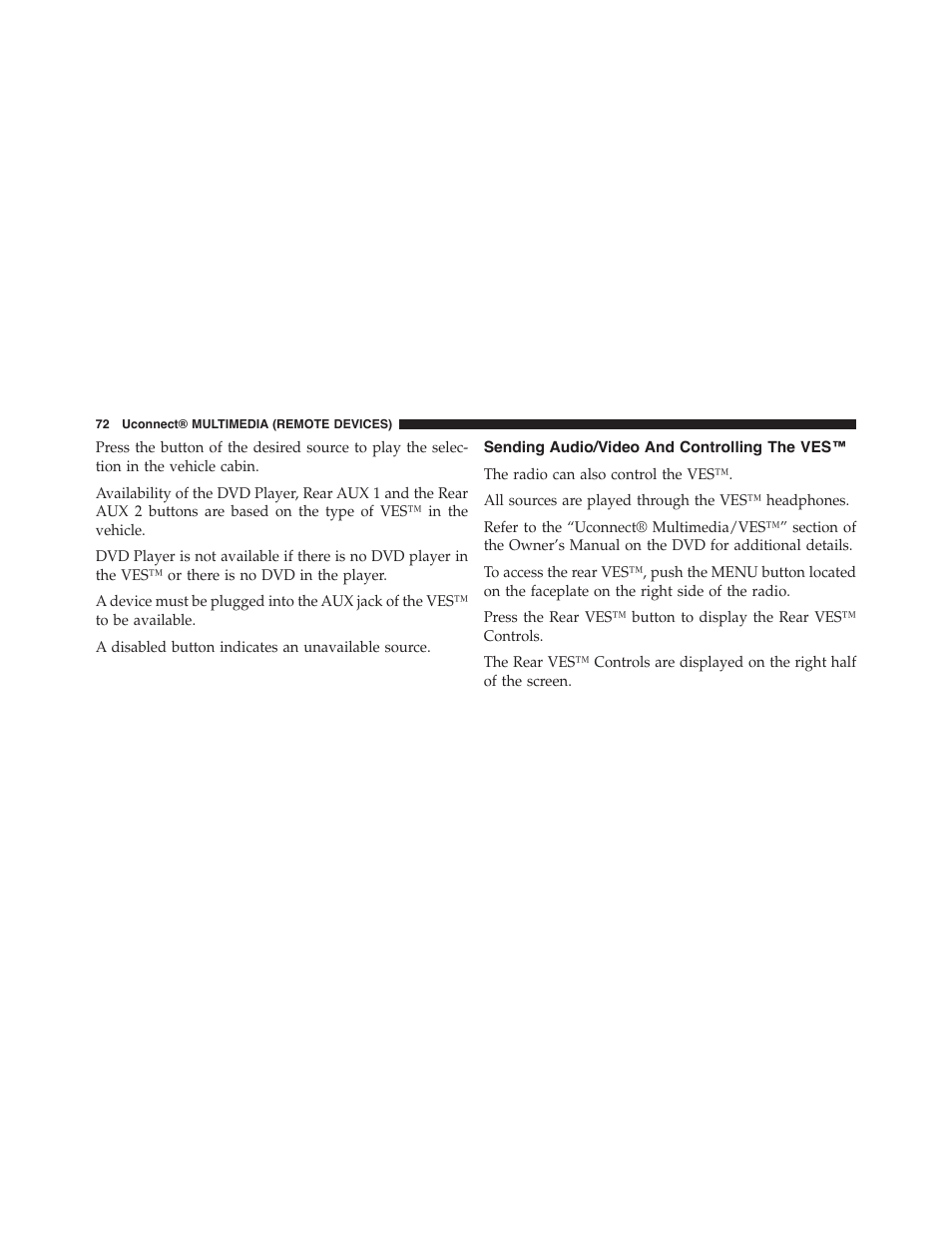 Sending audio/video and controlling the ves, Sending audio/video and controlling the | Dodge 2015 Grand_Caravan - Uconnect 430/430N Manual User Manual | Page 73 / 146