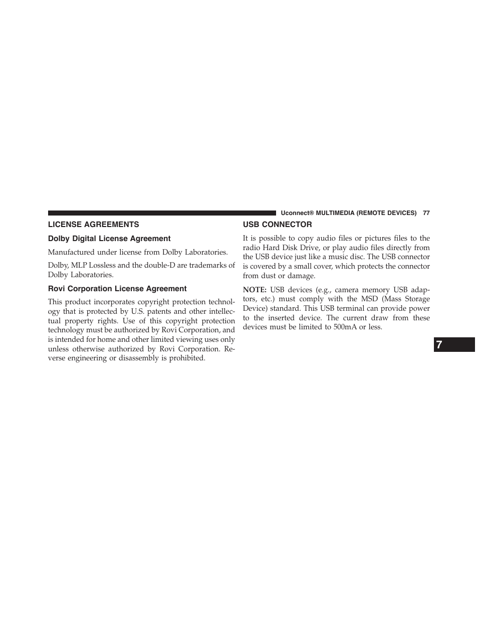 License agreements, Dolby digital license agreement, Rovi corporation license agreement | Usb connector | Dodge 2015 Grand_Caravan - Uconnect 430/430N Manual User Manual | Page 78 / 146