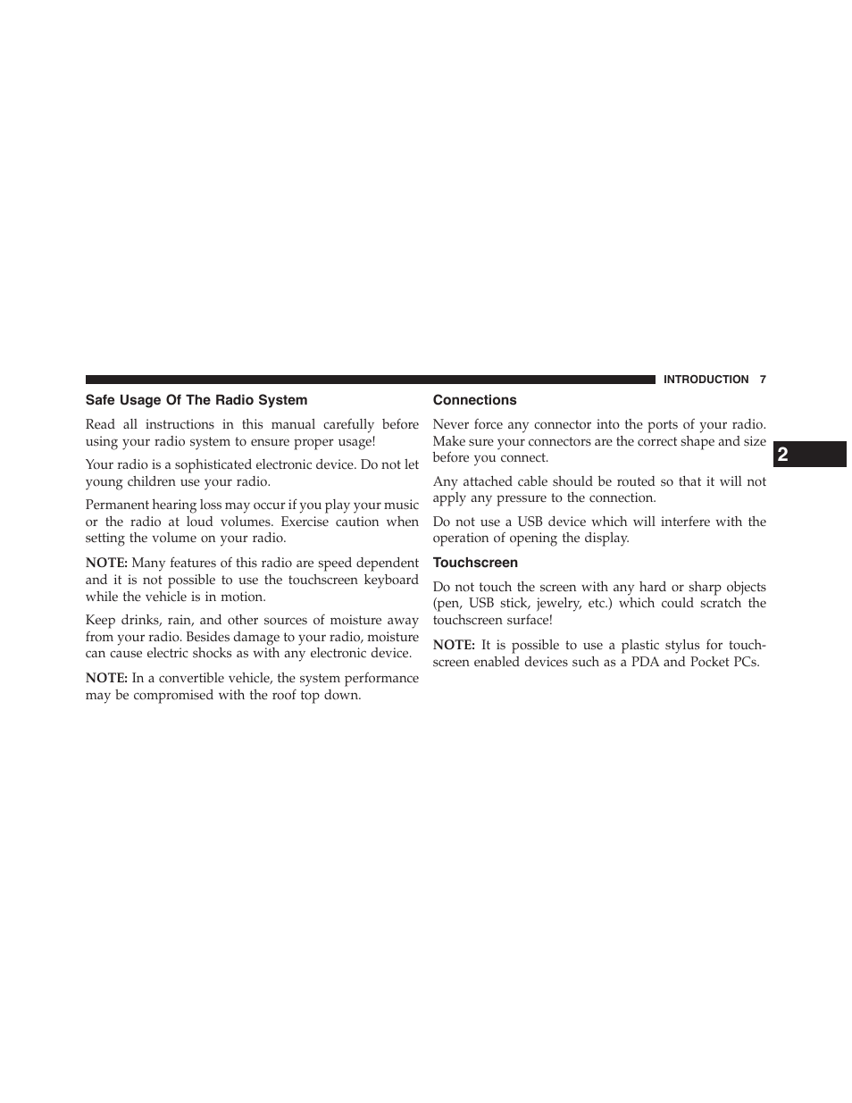 Safe usage of the radio system, Connections, Touchscreen | Dodge 2015 Grand_Caravan - Uconnect 430/430N Manual User Manual | Page 8 / 146