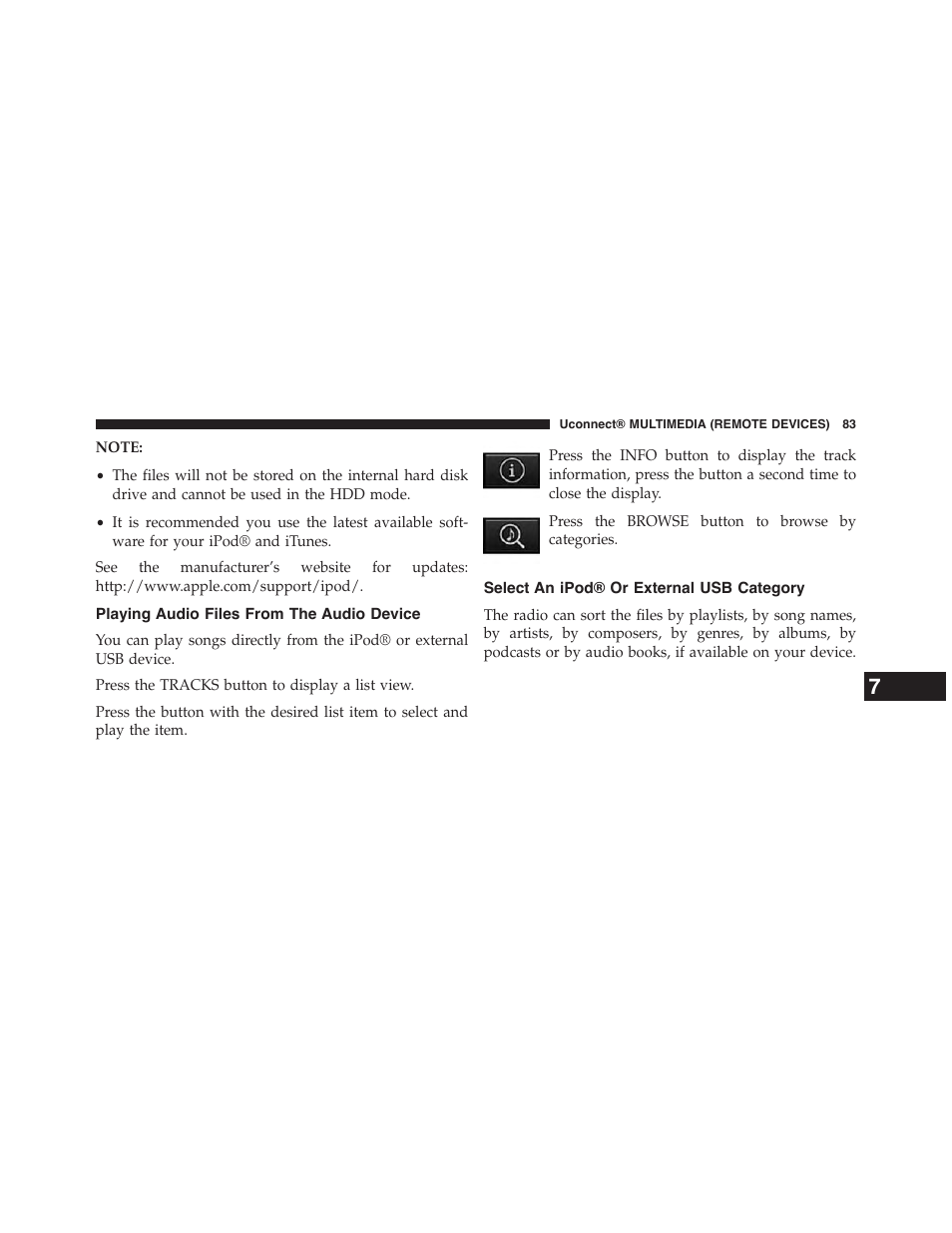 Playing audio files from the audio device, Select an ipod® or external usb category | Dodge 2015 Grand_Caravan - Uconnect 430/430N Manual User Manual | Page 84 / 146