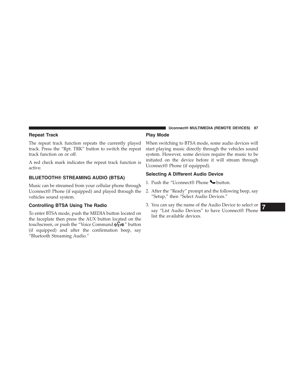 Repeat track, Bluetooth® streaming audio (btsa), Controlling btsa using the radio | Play mode, Selecting a different audio device | Dodge 2015 Grand_Caravan - Uconnect 430/430N Manual User Manual | Page 88 / 146