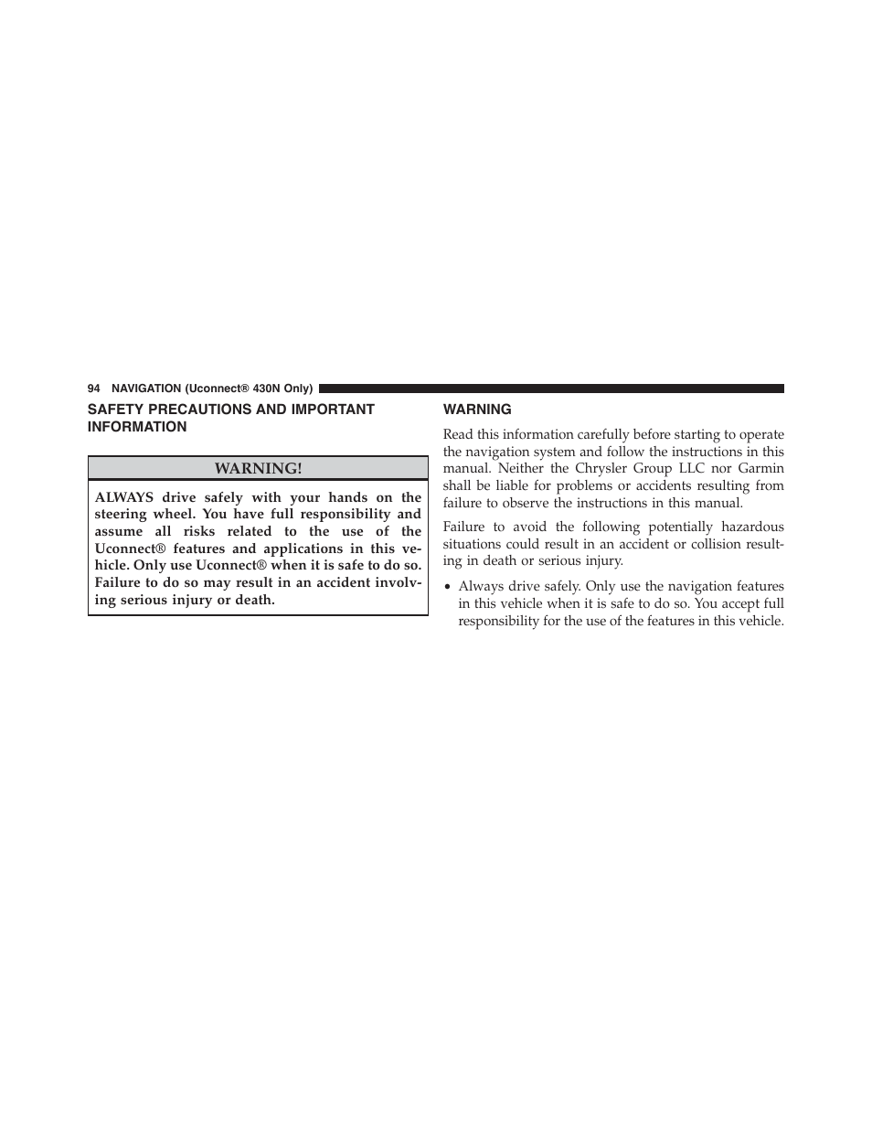 Safety precautions and important information, Warning, Safety precautions and important | Information | Dodge 2015 Grand_Caravan - Uconnect 430/430N Manual User Manual | Page 95 / 146