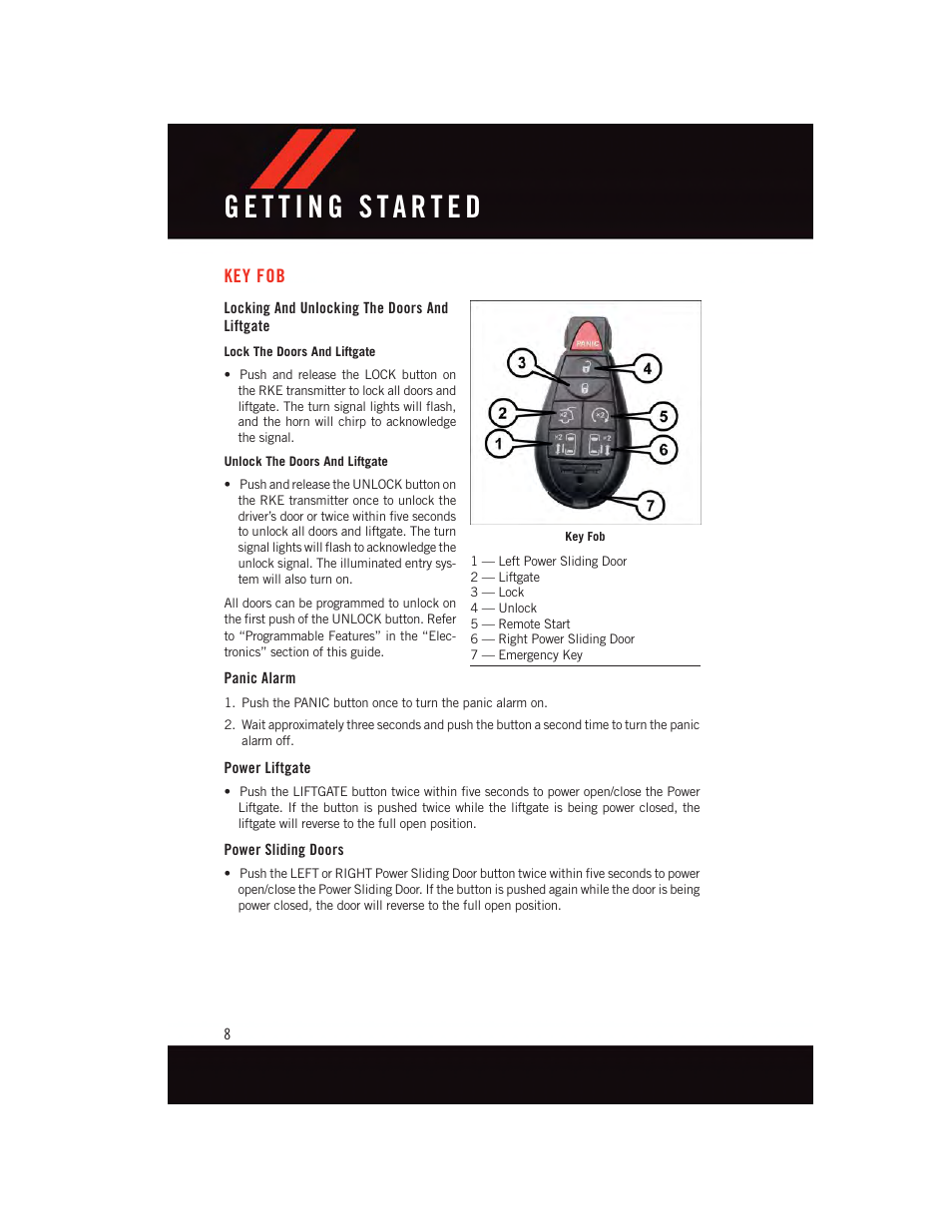 Getting started, Key fob, Locking and unlocking the doors and liftgate | Panic alarm, Power liftgate, Power sliding doors | Dodge 2015 Grand_Caravan - User Guide User Manual | Page 10 / 140