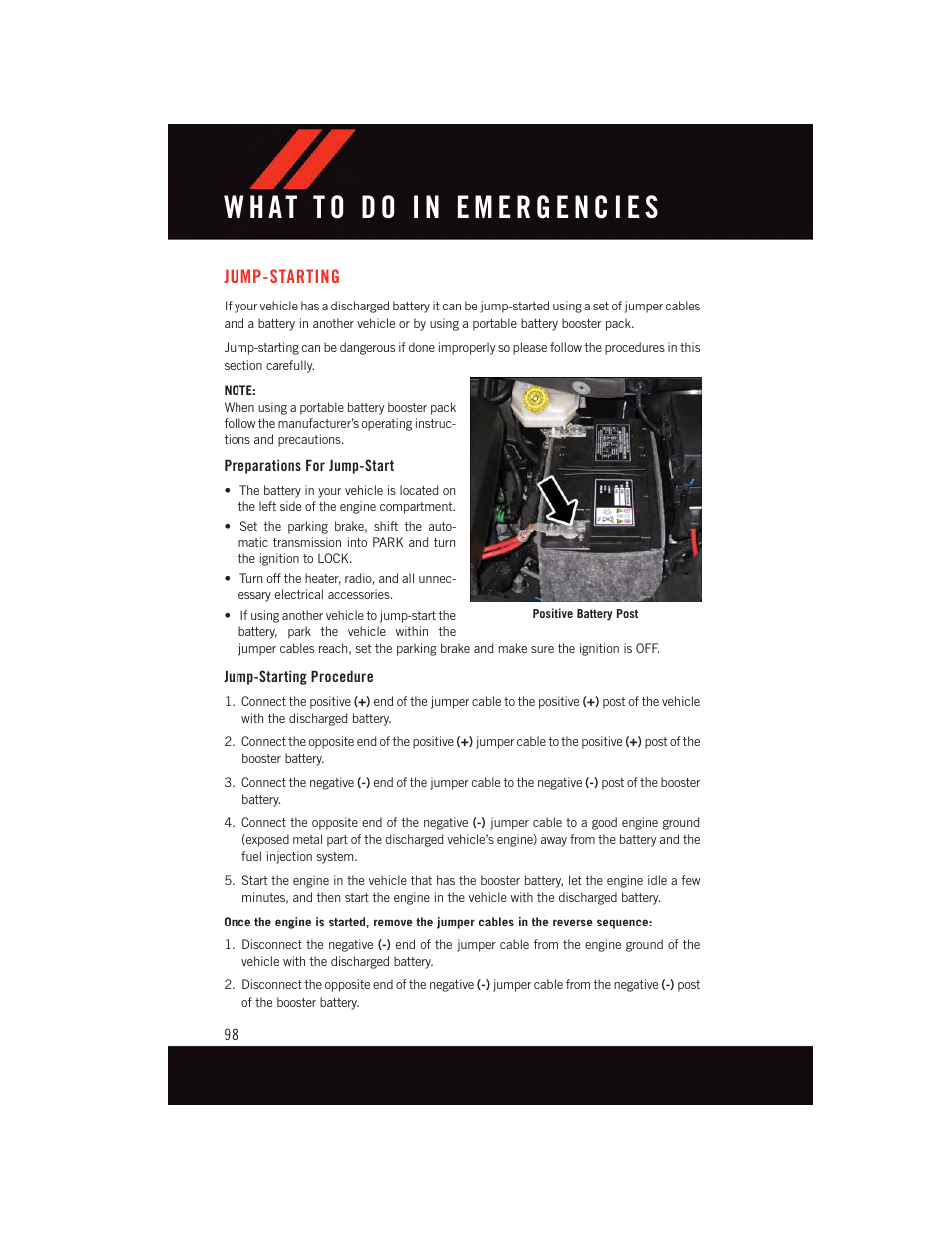 Jump-starting, Preparations for jump-start, Jump-starting procedure | Dodge 2015 Grand_Caravan - User Guide User Manual | Page 100 / 140