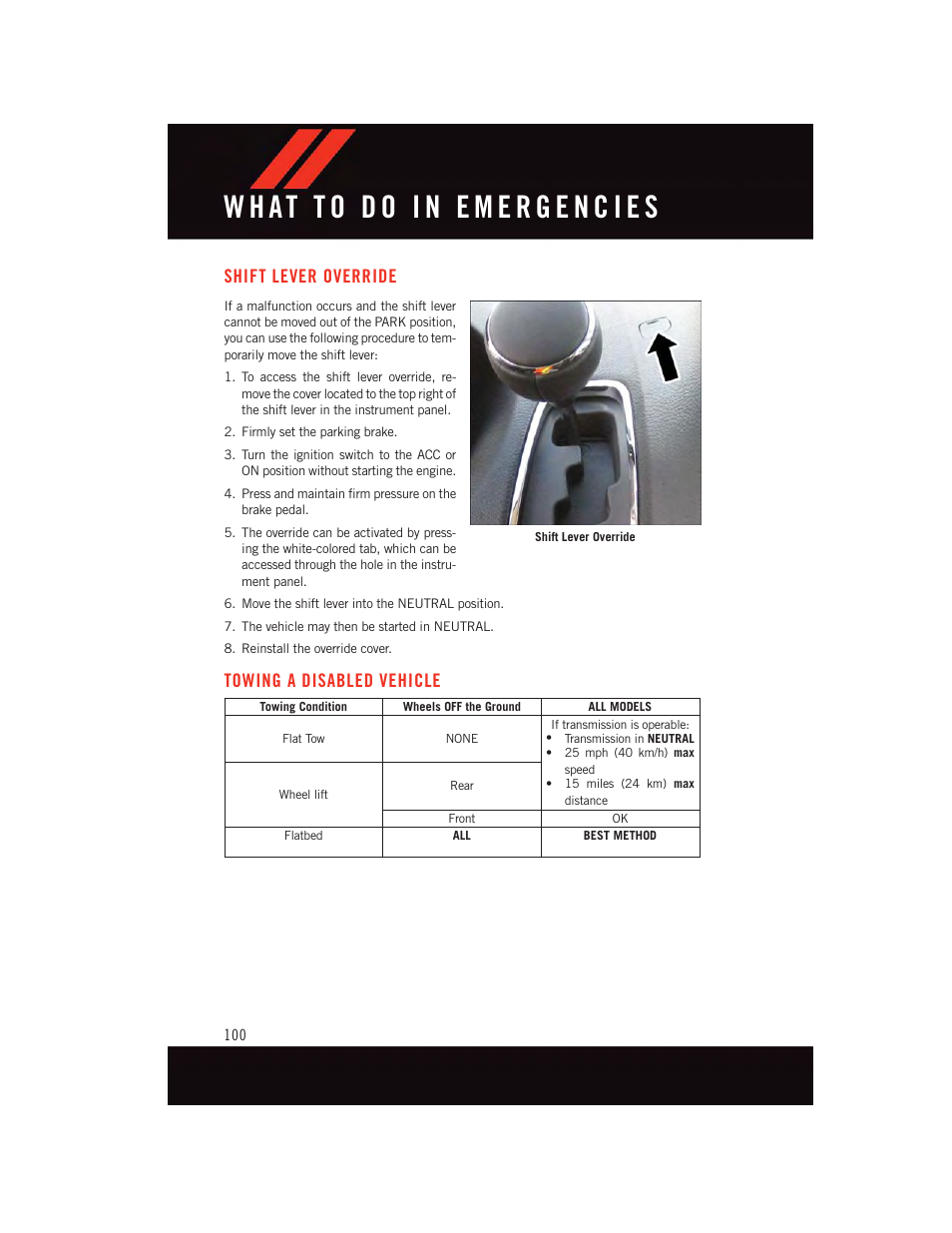 Shift lever override, Towing a disabled vehicle | Dodge 2015 Grand_Caravan - User Guide User Manual | Page 102 / 140