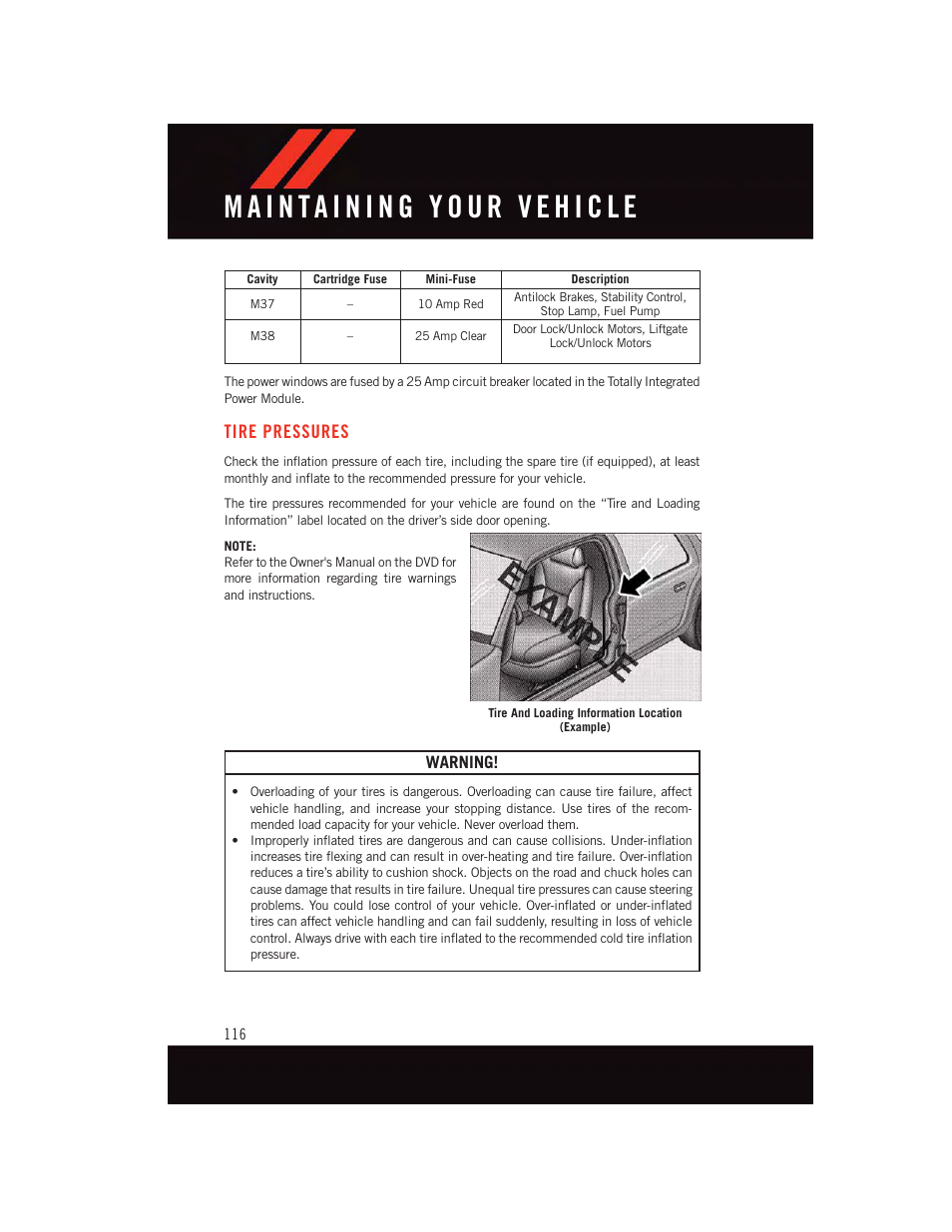 Tire pressures, Warning | Dodge 2015 Grand_Caravan - User Guide User Manual | Page 118 / 140