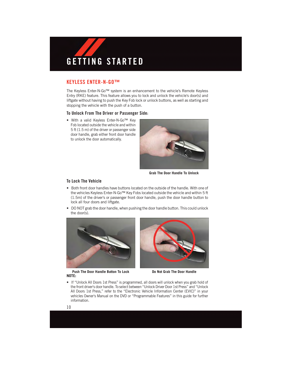 Keyless enter-n-go, To unlock from the driver or passenger side, To lock the vehicle | Dodge 2015 Grand_Caravan - User Guide User Manual | Page 12 / 140