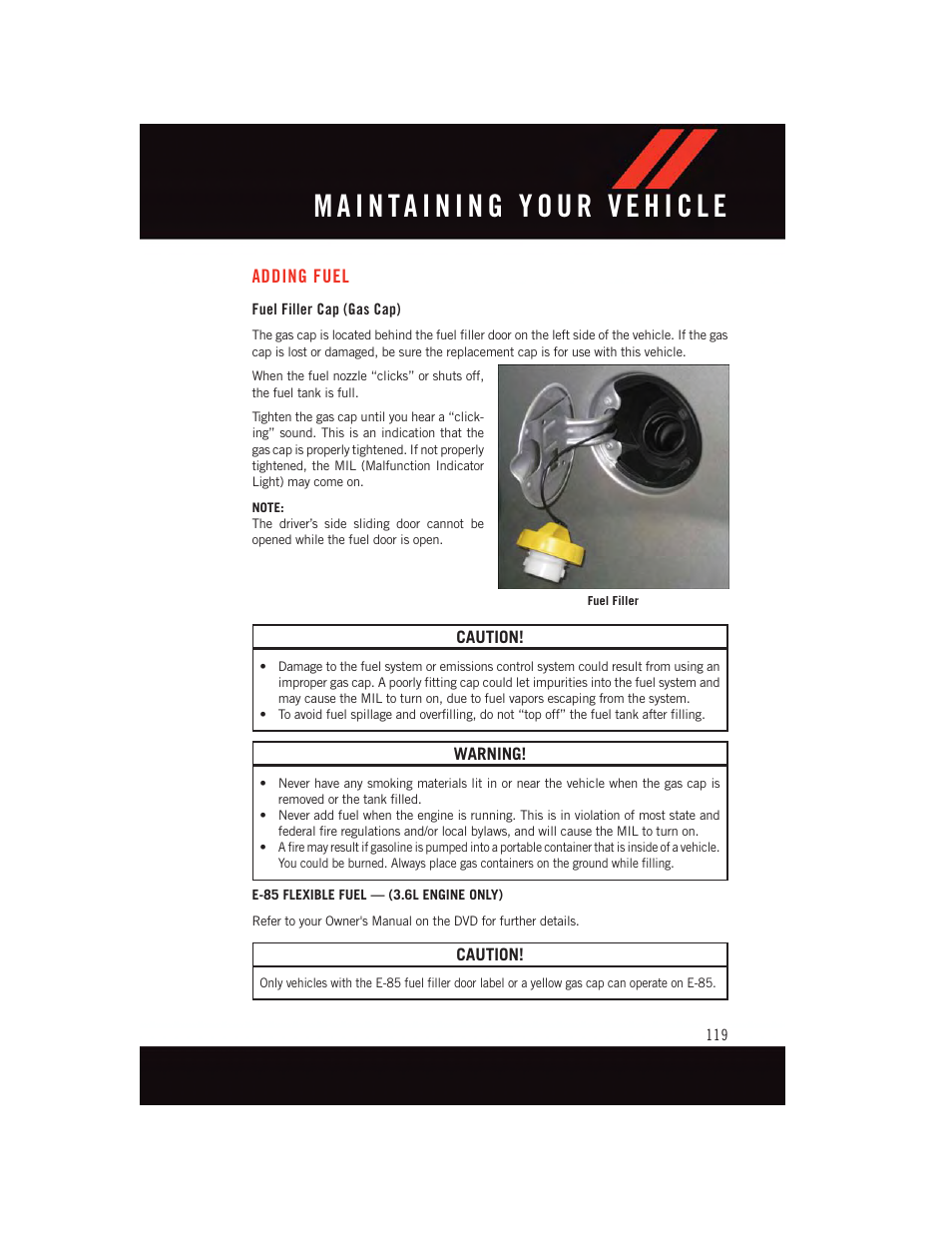 Adding fuel, Fuel filler cap (gas cap) | Dodge 2015 Grand_Caravan - User Guide User Manual | Page 121 / 140