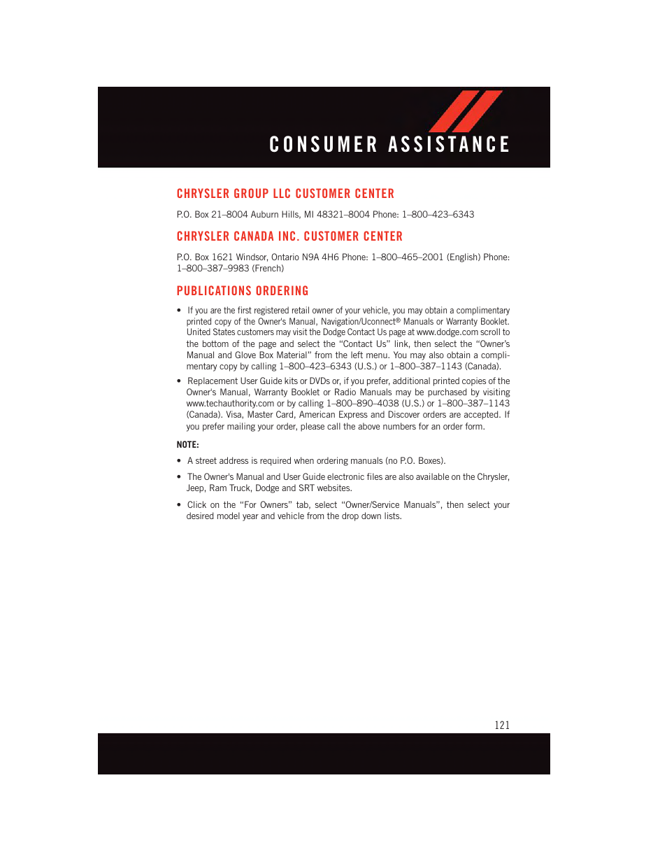 Consumer assistance, Chrysler group llc customer center, Chrysler canada inc. customer center | Publications ordering, Chrysler group llc customer, Center, Chrysler canada inc. customer | Dodge 2015 Grand_Caravan - User Guide User Manual | Page 123 / 140