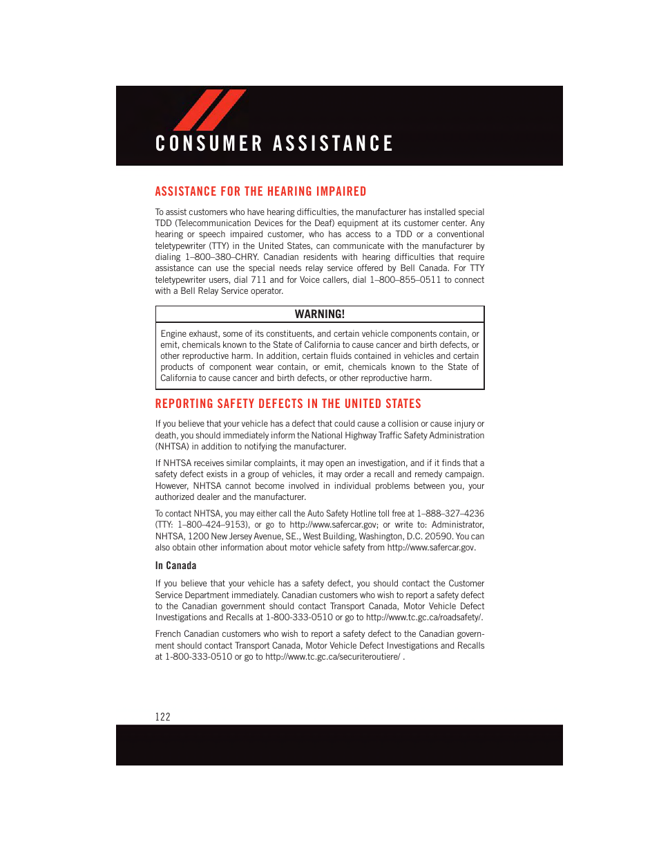 Assistance for the hearing impaired, Reporting safety defects in the united states, In canada | Assistance for the hearing, Impaired, Reporting safety defects in the, United states | Dodge 2015 Grand_Caravan - User Guide User Manual | Page 124 / 140