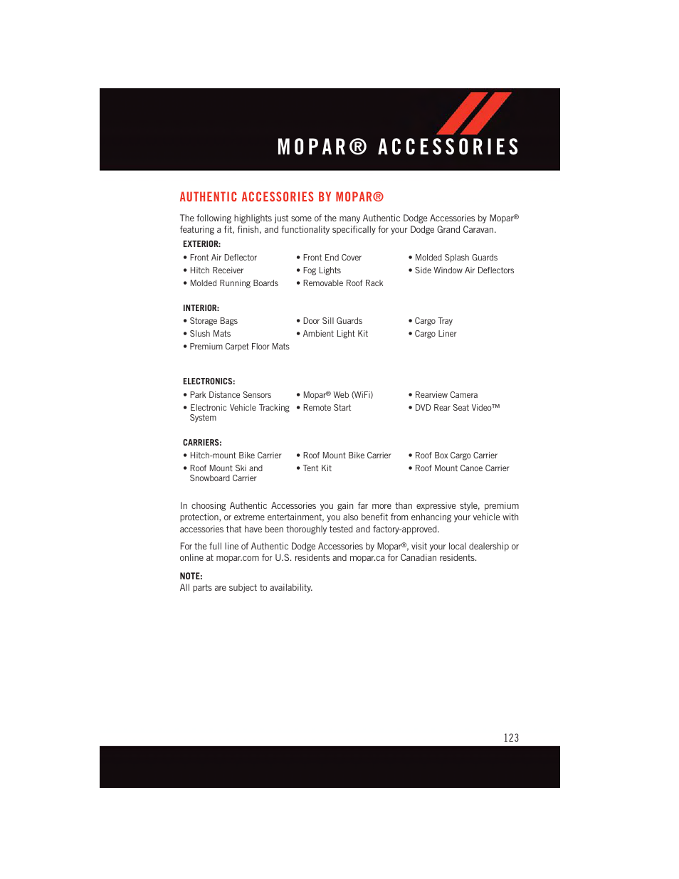 Mopar® accessories, Authentic accessories by mopar, Authentic accessories by | Mopar | Dodge 2015 Grand_Caravan - User Guide User Manual | Page 125 / 140