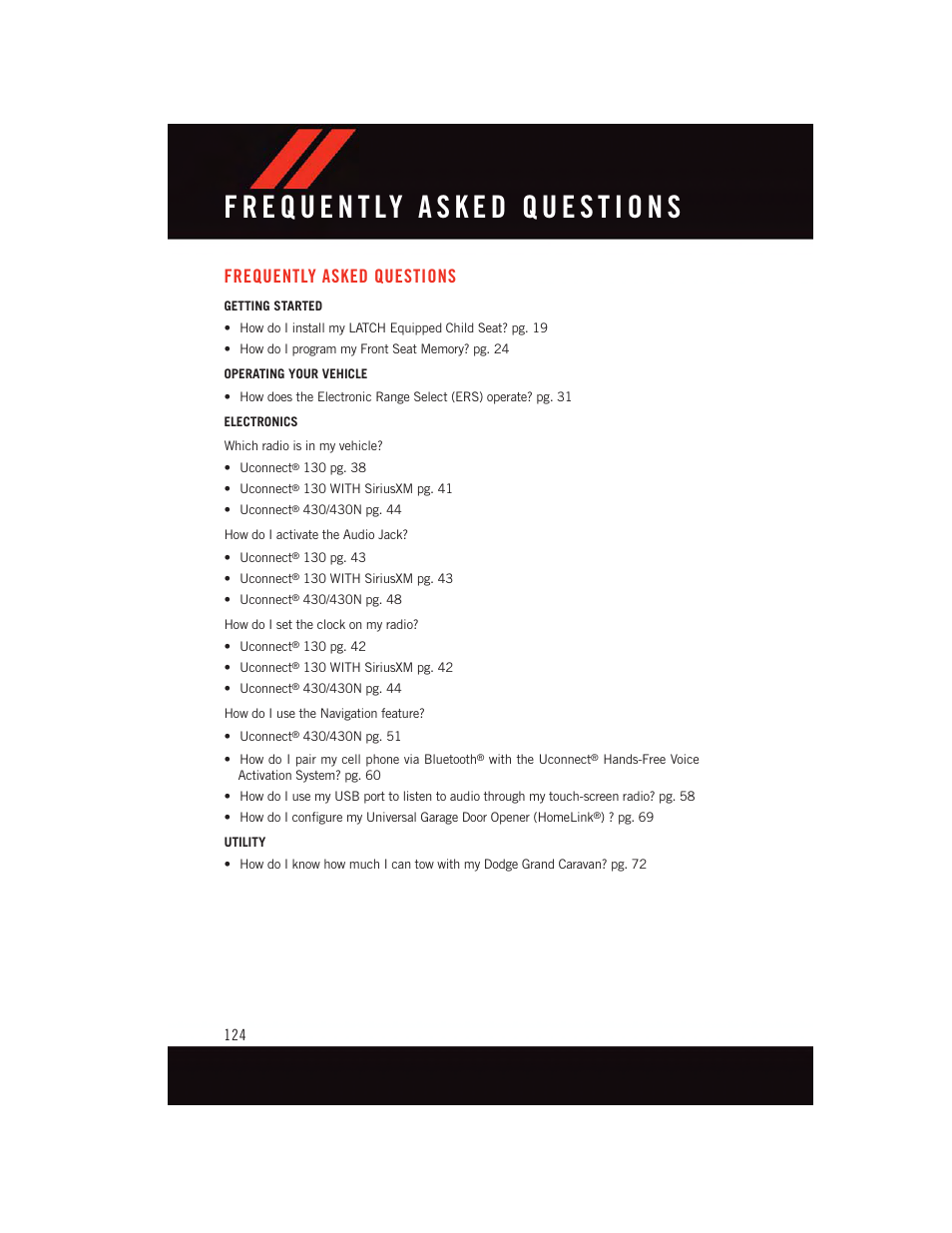 Frequently asked questions | Dodge 2015 Grand_Caravan - User Guide User Manual | Page 126 / 140