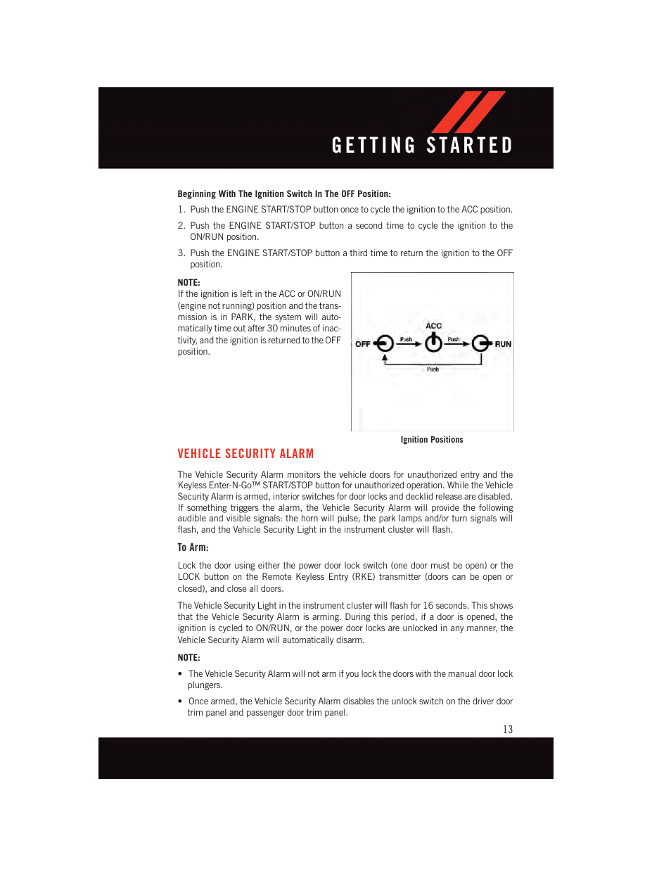 Vehicle security alarm, To arm | Dodge 2015 Grand_Caravan - User Guide User Manual | Page 15 / 140