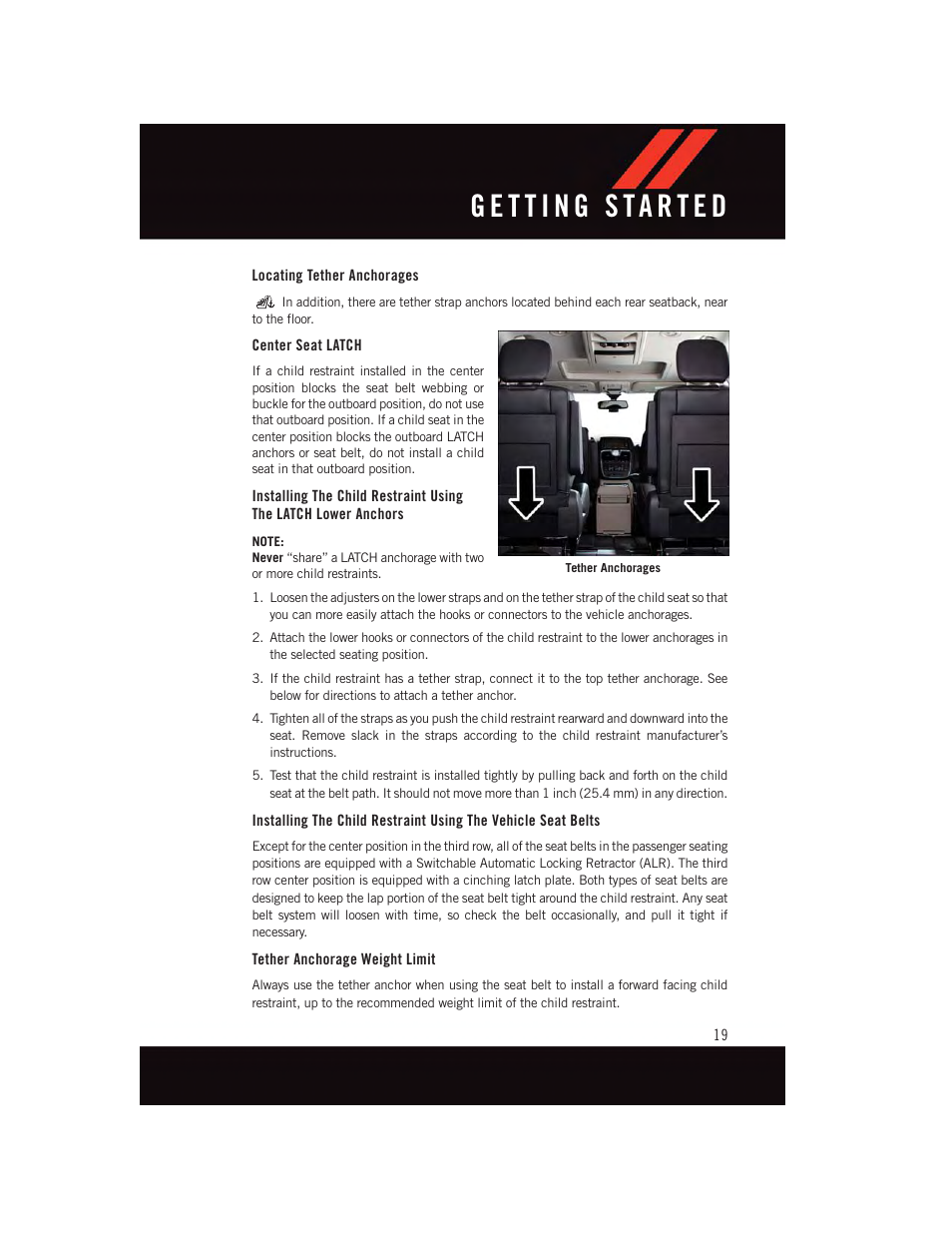 Locating tether anchorages, Center seat latch, Tether anchorage weight limit | Dodge 2015 Grand_Caravan - User Guide User Manual | Page 21 / 140