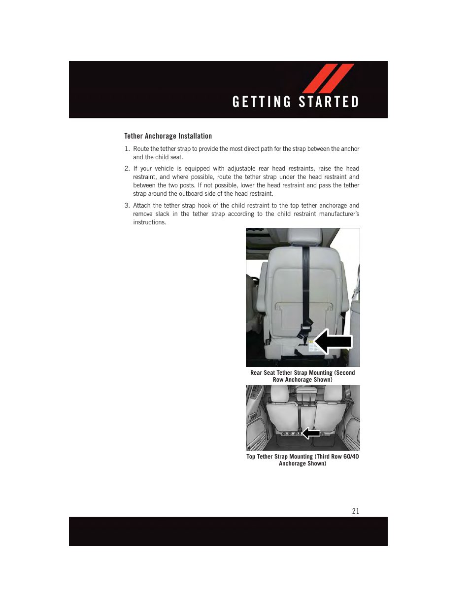 Tether anchorage installation | Dodge 2015 Grand_Caravan - User Guide User Manual | Page 23 / 140