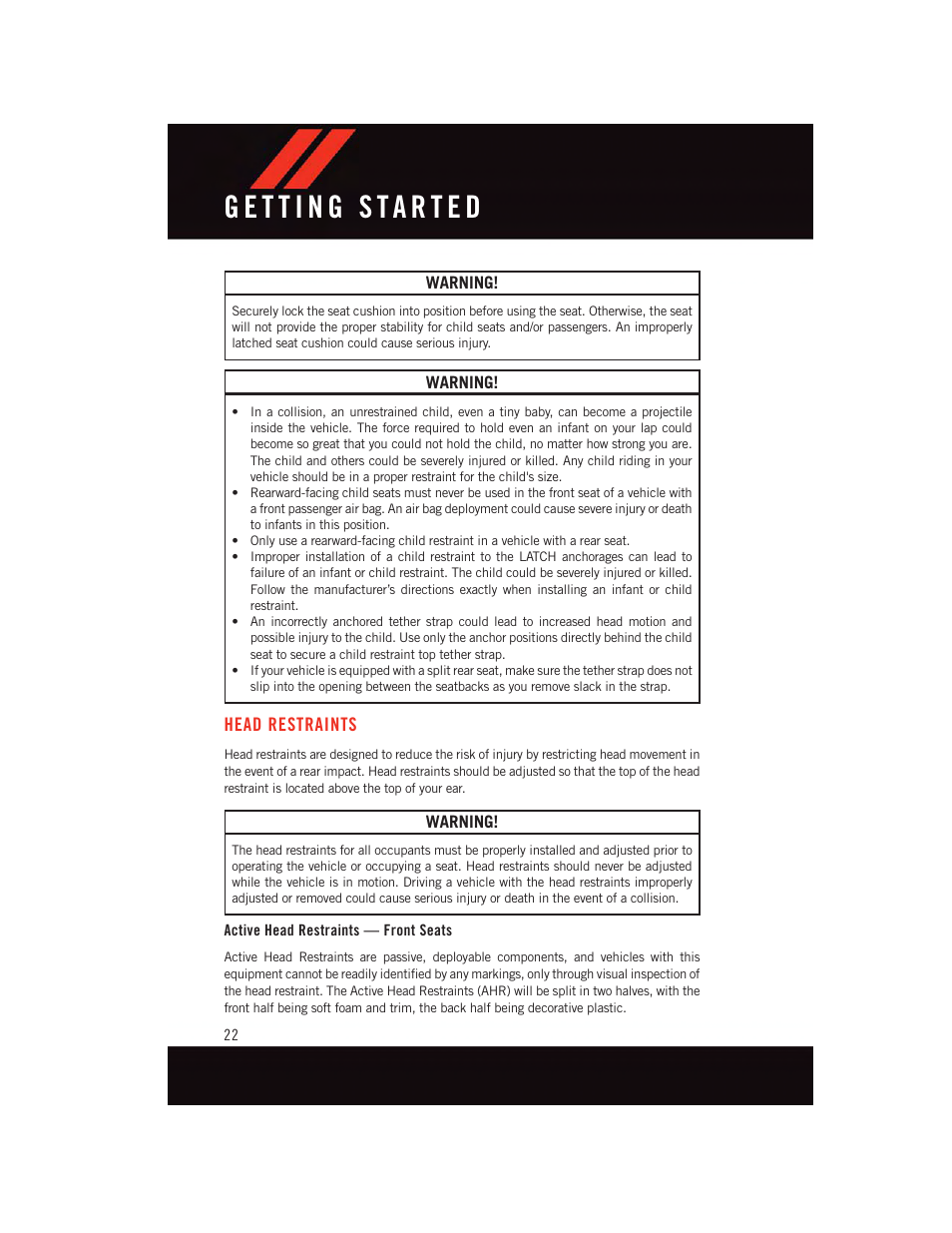 Head restraints, Active head restraints — front seats | Dodge 2015 Grand_Caravan - User Guide User Manual | Page 24 / 140