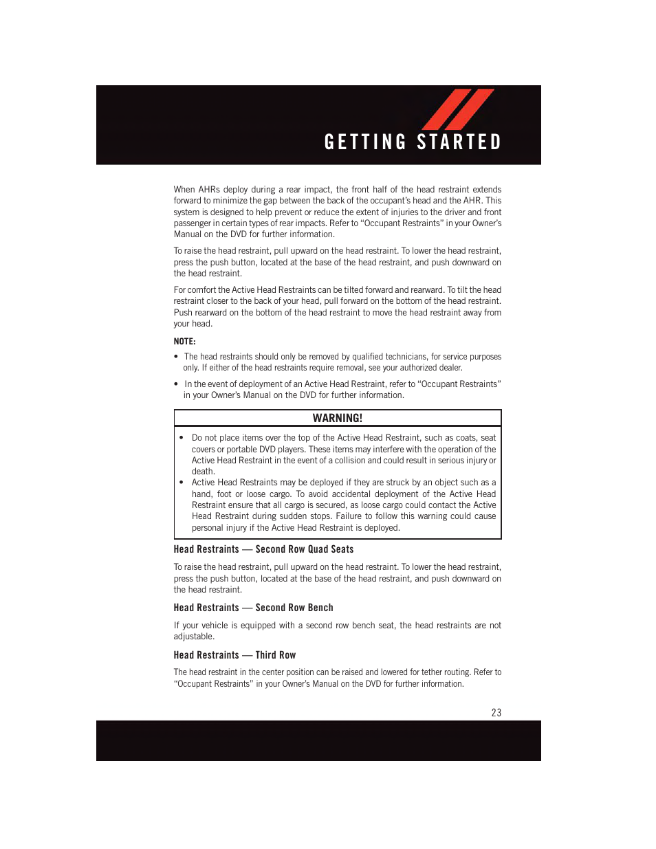 Head restraints — second row quad seats, Head restraints — second row bench, Head restraints — third row | Dodge 2015 Grand_Caravan - User Guide User Manual | Page 25 / 140