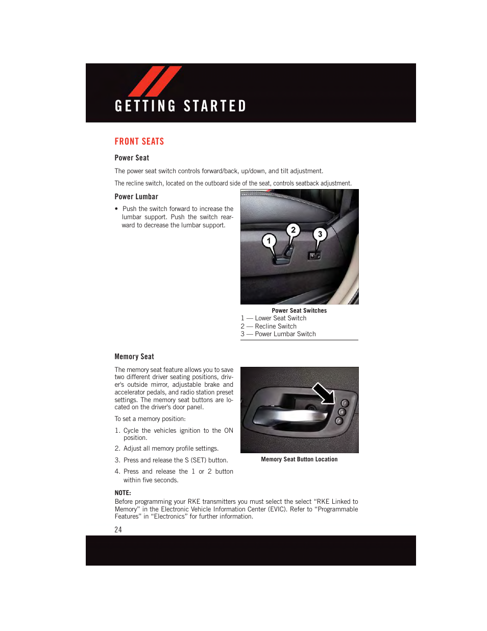 Front seats, Power seat, Power lumbar | Memory seat | Dodge 2015 Grand_Caravan - User Guide User Manual | Page 26 / 140